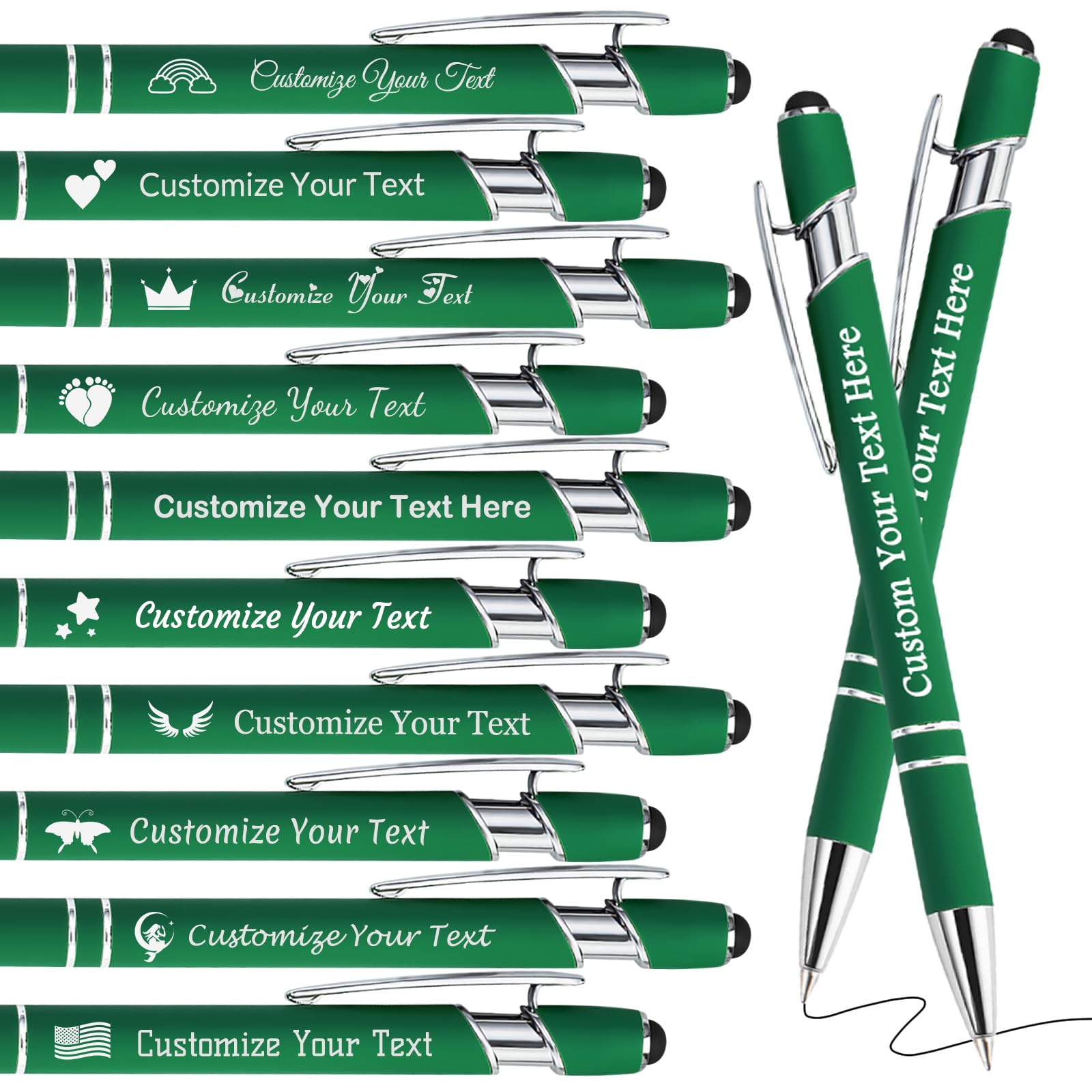 Personalised Pens Bulk Custom Pens with Logo Name 10 Pack Free Engraved Stylus Ballpoint Pens Customised Retractable Pen Message Text Gift for Men Women Black Ink Business Graduation Dark Green โ image 1