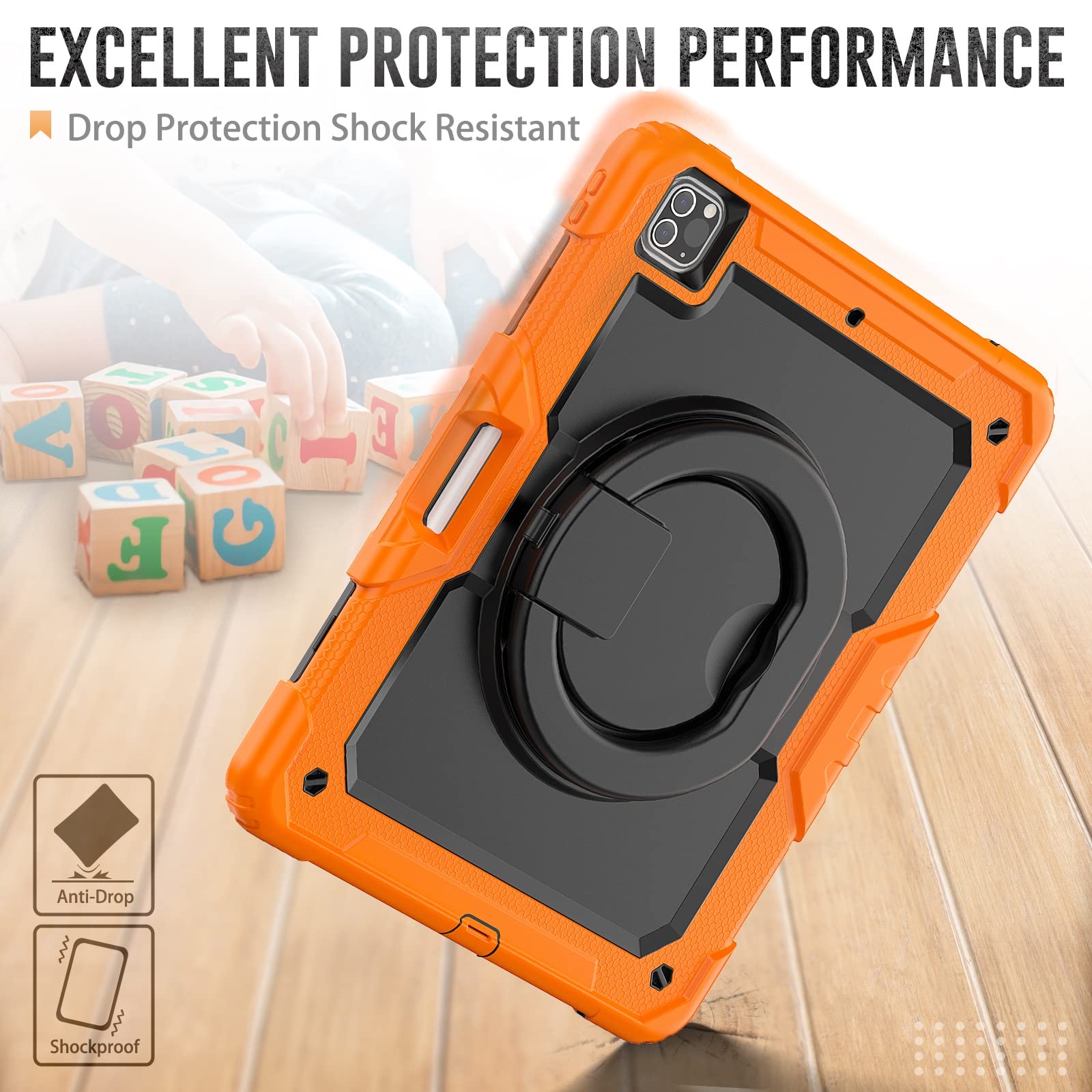 Coque résistante aux chocs en TPU pour iPad Pro 5ème génération 12,9" (2018/2020/2021) pour enfants, poignée rotative à 360 degrés, support avec protection d'écran + bandoulière (orange)