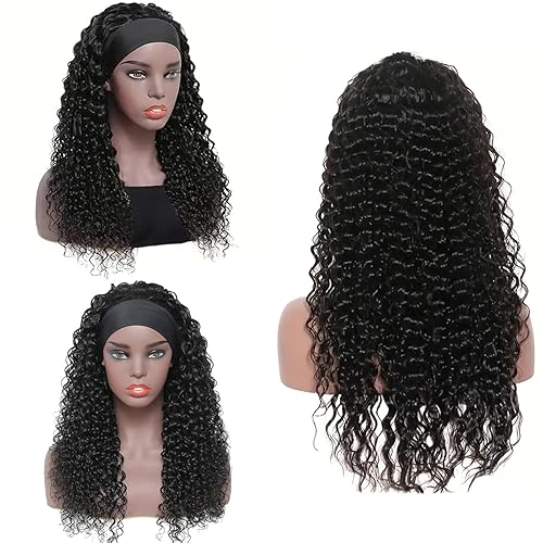 Miniatura 3 de Peluca de cabello humano ondulado profundo de 14 pulgadas, pelucas de cabello humano brasileño con diadema para mujeres negras, peluca frontal sin
