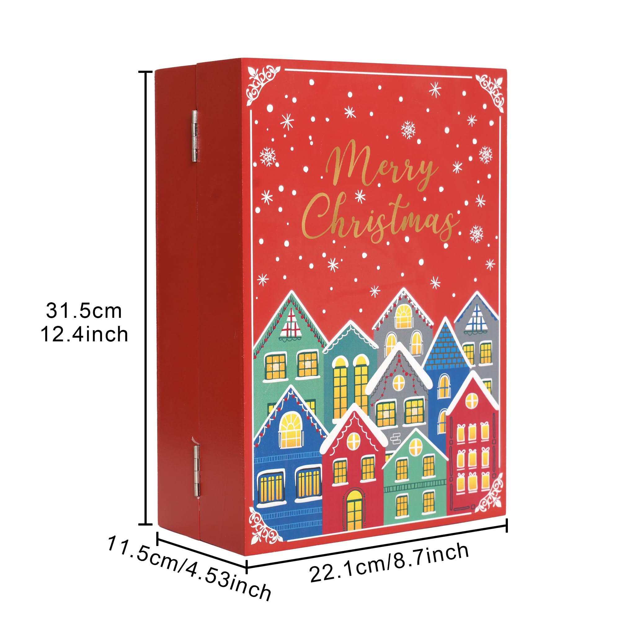 PE Adventskalender Holz befüllbar, LED Weihnachtskalender, 24 Schubladen | Weihnachtskalender, 2 LED-3D-Szenen, Winterdorf und Rentierschlitten, wiederverwendbar, Tischdeko, Batterien nicht enthalten