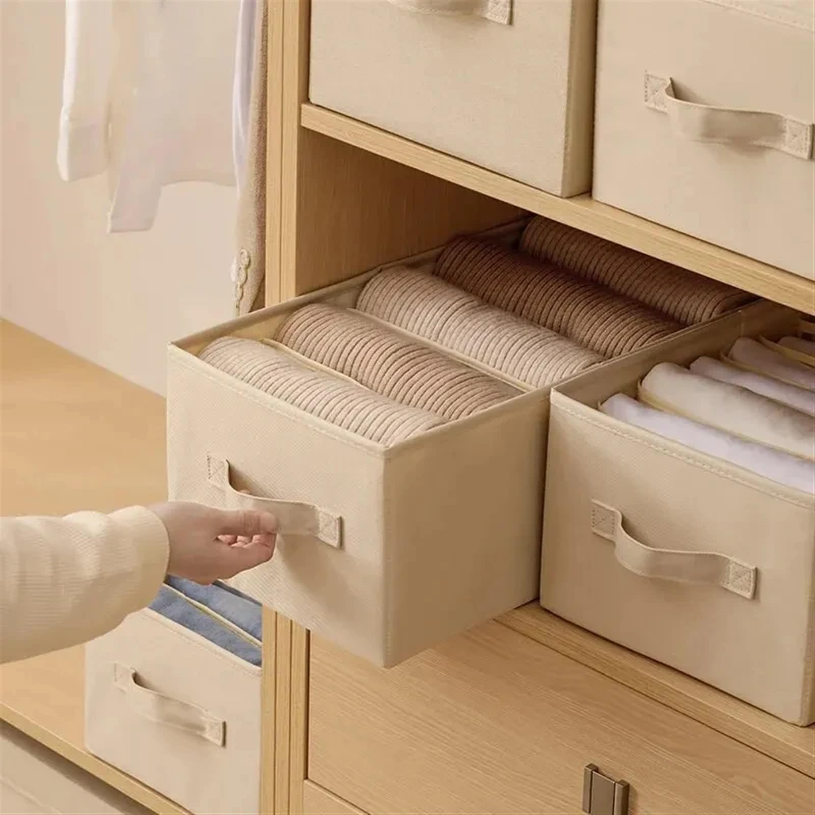 Boîte De Rangement Pliante Organisateur de garde-robe lavable, 6 pièces, diviseur placard pliable, tiroir sous-vêtements, boîte séparation en maille for T-shirt, Legging, etc(Beige,7-grids)