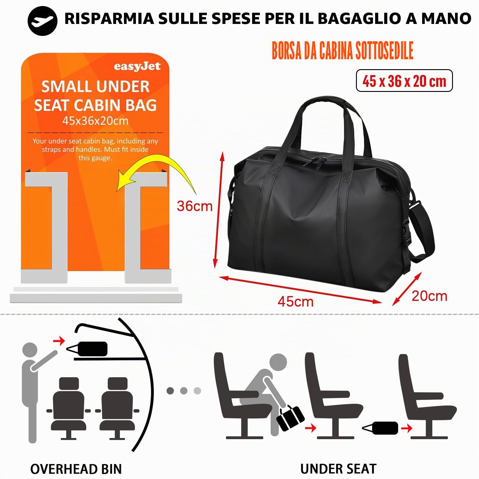 Bagaglio a Mano Easyjet 45x36x20 Borsa da cabina, Borsa da Viaggio in Pelle PU con Tracolla, Borsone da Viaggio per Uomo e Donna