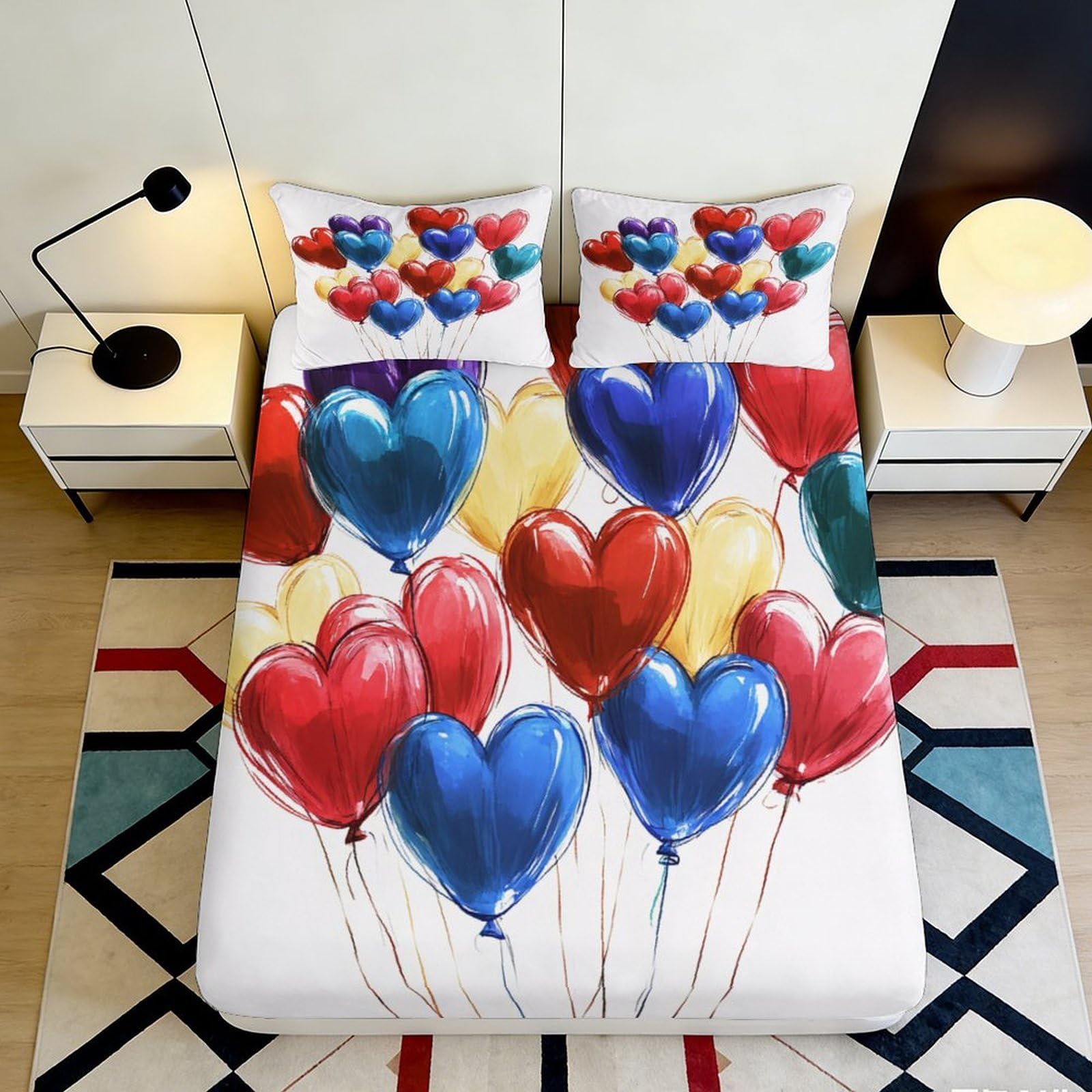 3D Printed Heart Balloons Fitted Sheet Microfiber Red Blue Yellow Mattress Cover for Bedroom Guest Room Dorm Decor 160x200x25cm
