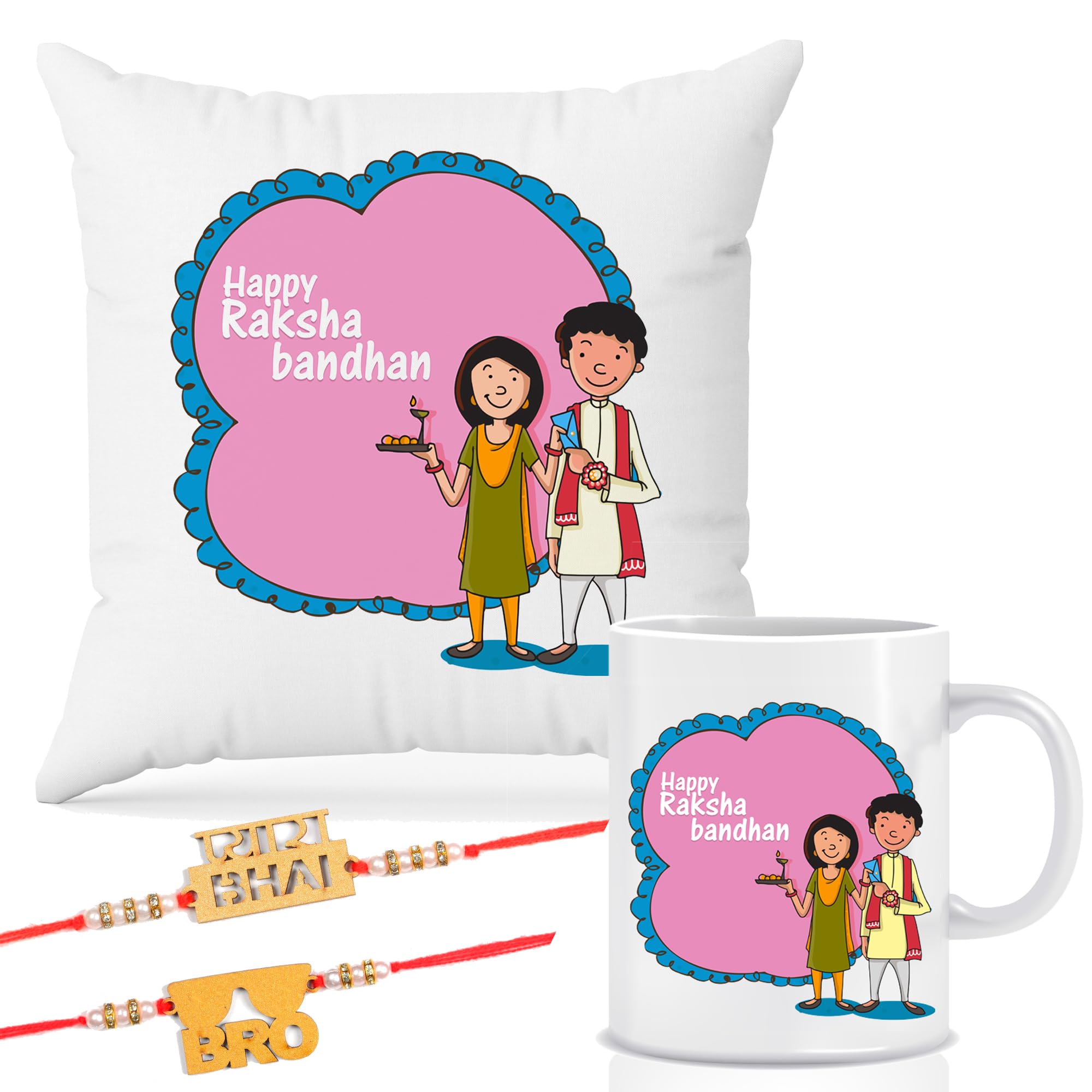 Raksha Bandhan Gift Combo – Cushion with Filler, Printed Coffee Mug & 2 Rakhi | Cute Brother Sister Cartoon Design | Rakhi Gift Set for Brother, RKCMUG-13