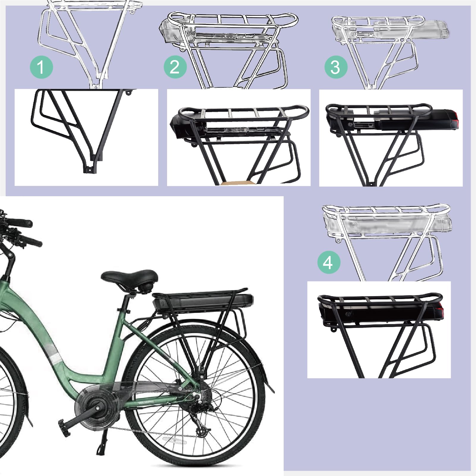 Akumulator ebike w bagażniku 36V 48V z ładowarką, tylnym światłem, bezpiecznym zamkiem (36V 12Ah(No Rack）)