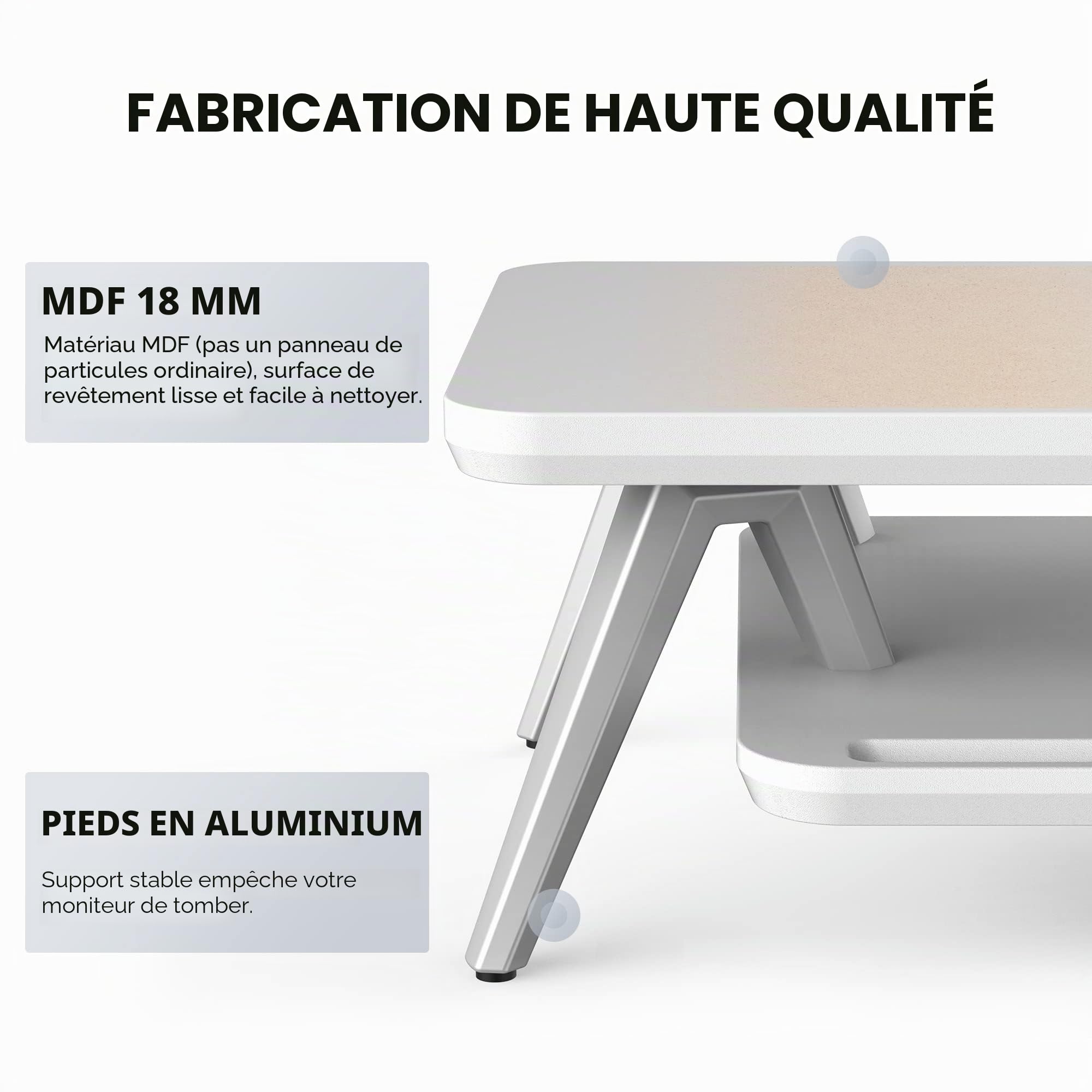 Rehausseur Écran Bureau en Bois et Métal avec Encoche pour Smartphone, Tablette et Stylo, 108cm, Blanc
