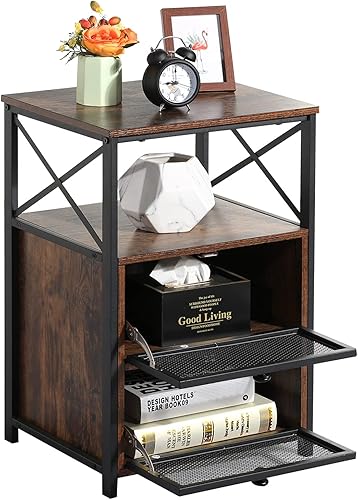 Miniatura 6 de VECELO Mesita de noche, mesa auxiliar con cajón abatible, mesita de noche para dormitorio, sala de estar, oficina, fácil montaje, juego de 1, marrón