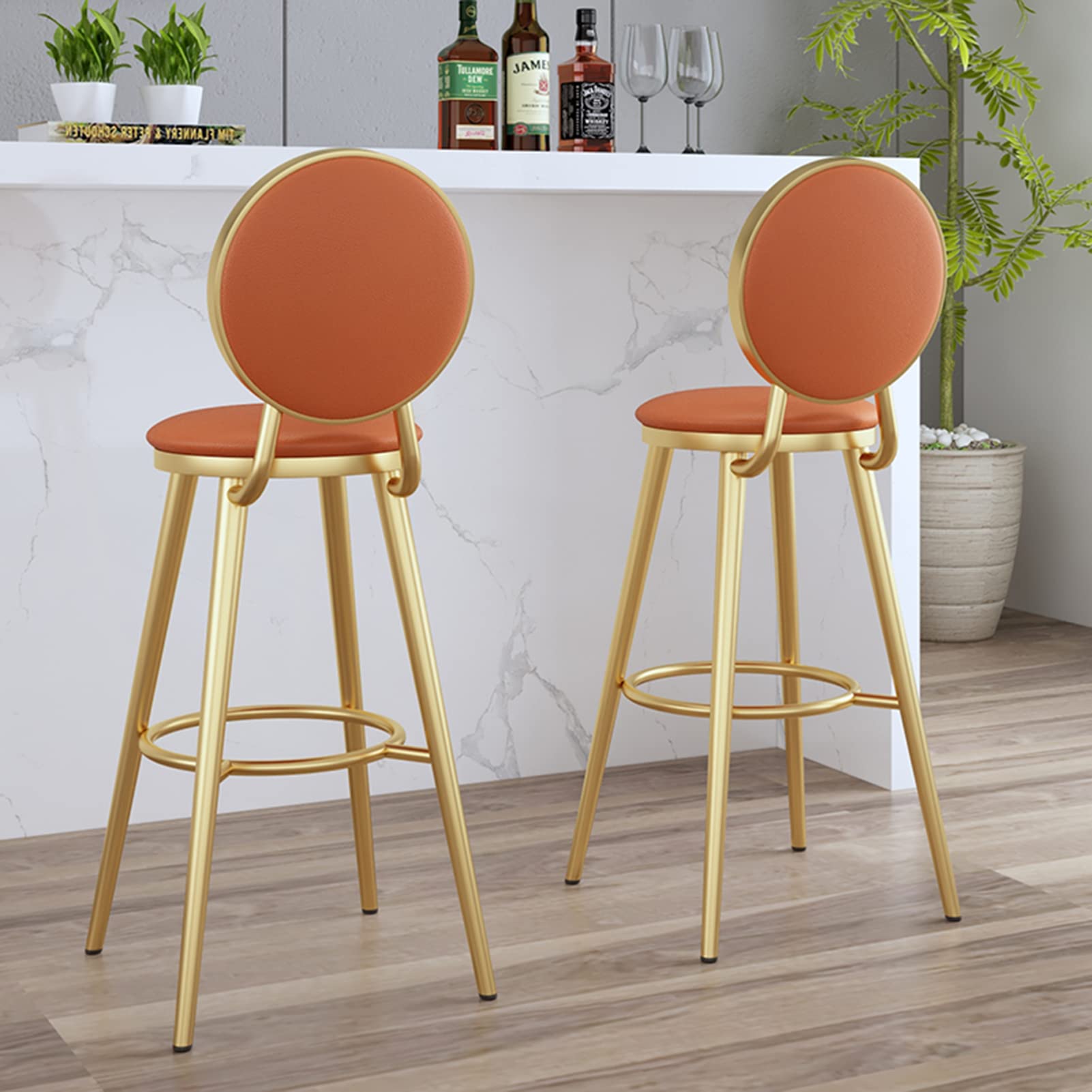 Sillas Altas Naranjas de Metal Forjado con reposapiés de aro y Respaldo de PU, para Cocina, Oficina, 2 Unidades, 75 cm