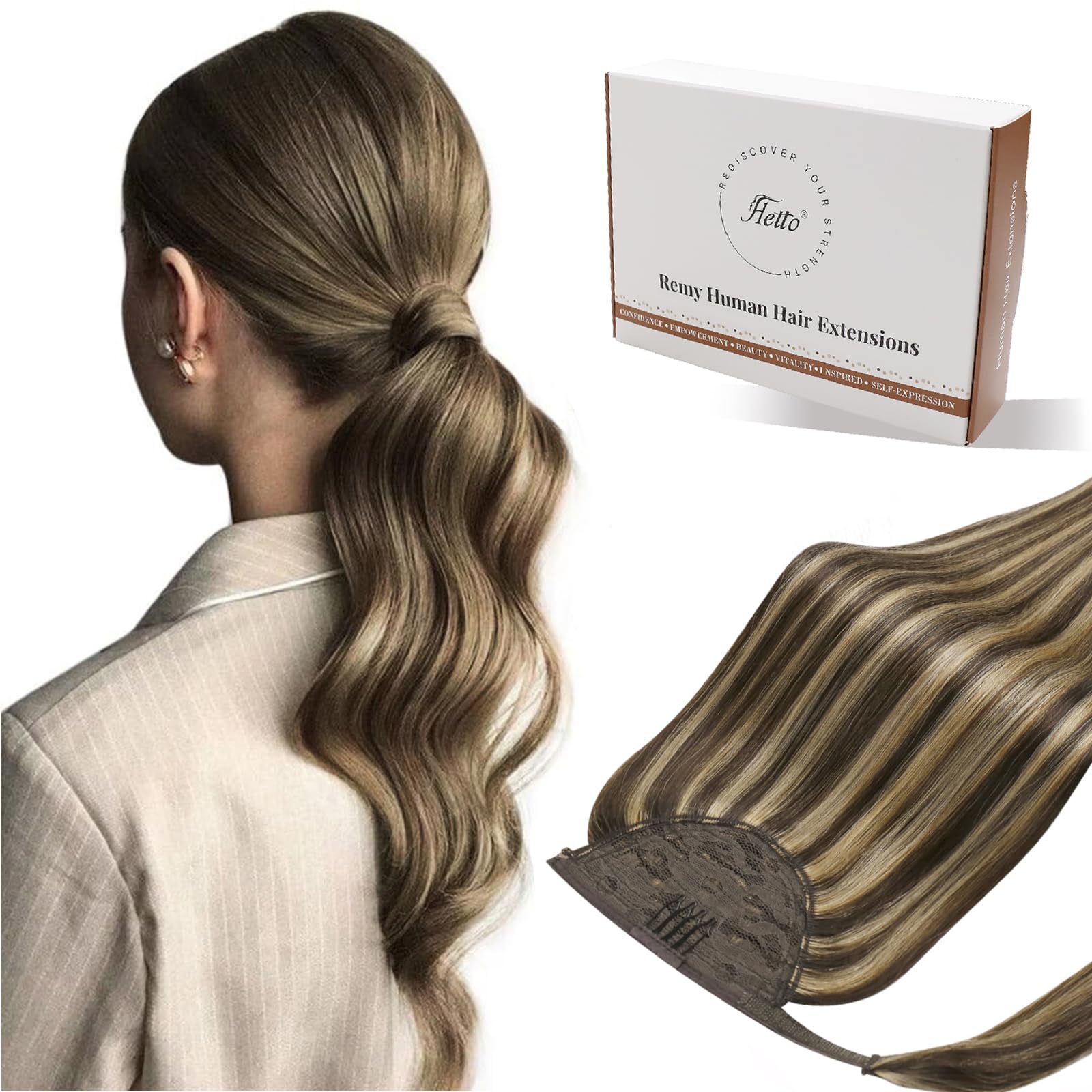 Hetto Ponytail Extension Echthaar Mittelbraun mit Karamellblond Highlights 30cm 70g - Sofortiger Langer Zopf, Einfache Klett & Kamm Befestigung, Ideal für Schnelles Umstyling, Sport, Arbeit #p4/27 - 2