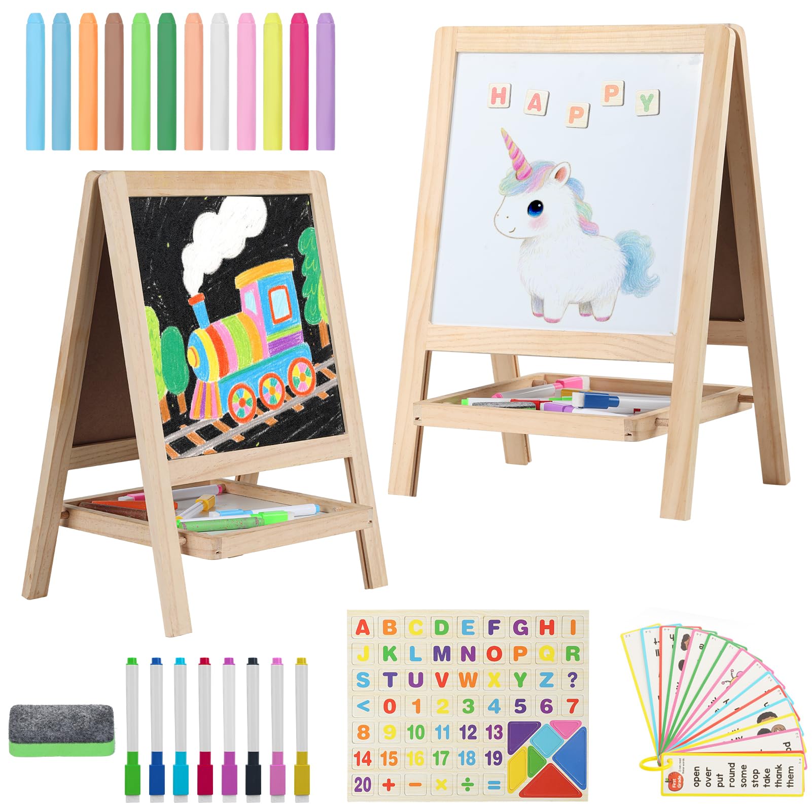 Caballete de madera de mesa para niños de 2 a 4 años, pizarra y pizarra blanca de dibujo de doble cara para niños pequeños, caballete de escritorio 4 en 1 con marcadores, borrador, tiza, letras