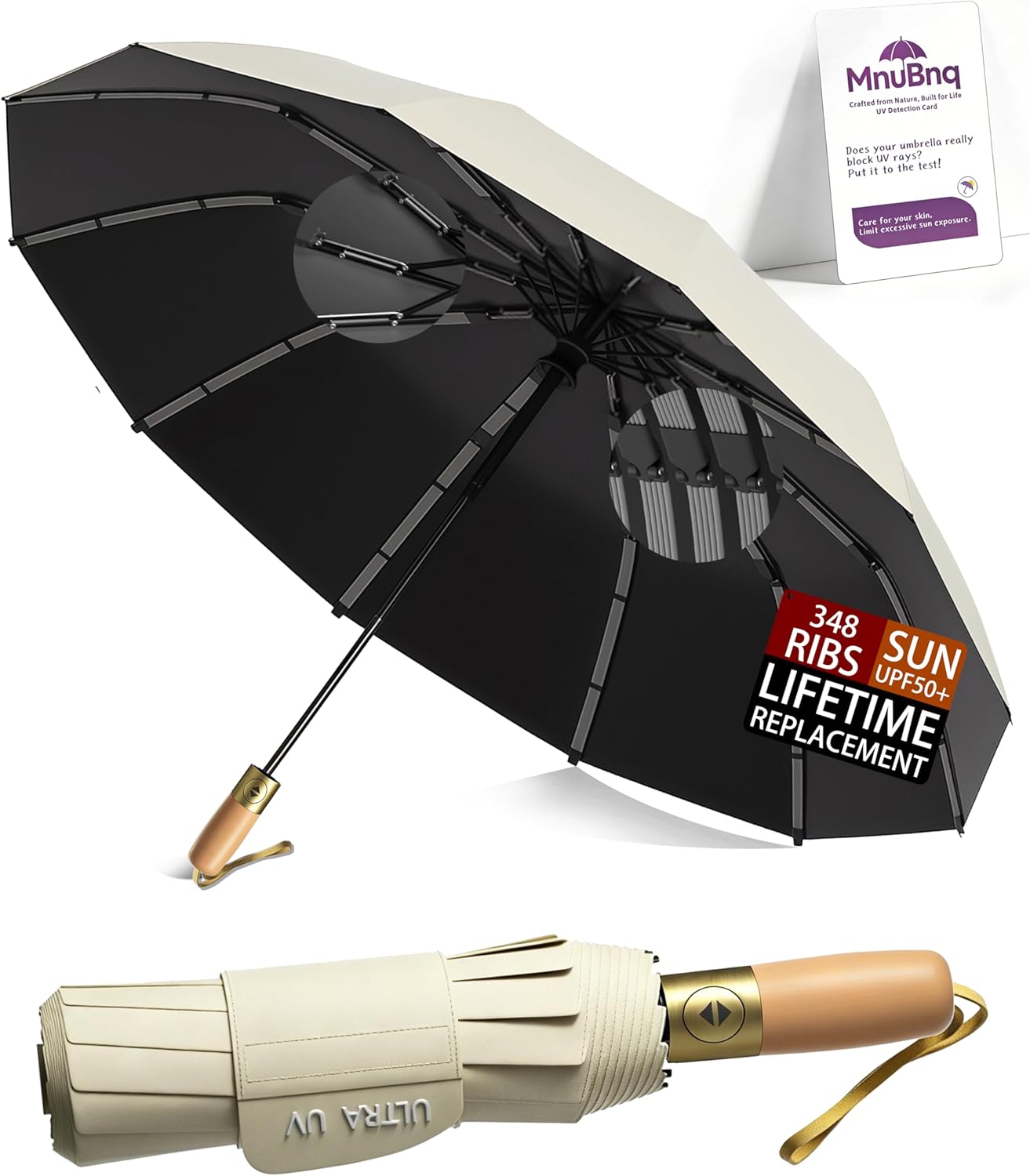 Strongest Travel Umbrella Windproof Real Wood Handle Compact Portable Auto Open Close Umbrellas for Rain and UPF 50+ Sun Automatic Folding UV umbrella for Commuter Women Men Fits Backpack Cars