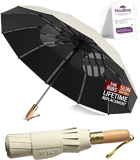 Strongest Travel Umbrella Windproof Real Wood Handle Compact Portable Auto Open Close Umbrellas for Rain and UPF 50+ Sun Automatic Folding UV umbrella for Commuter Women Men Fits Backpack Cars