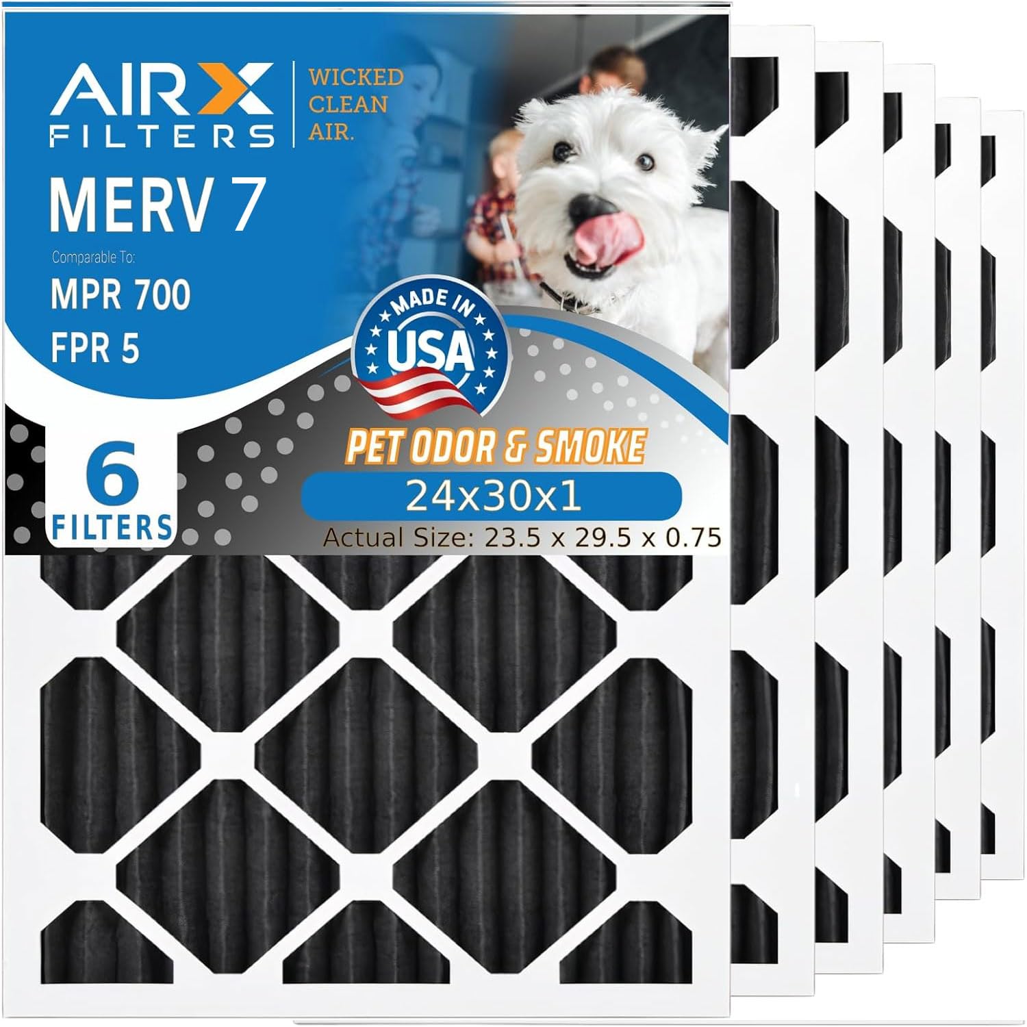 AIRX FILTERS WICKED CLEAN AIR. 24x30x1 Air Filter Odor Eliminator Carbon Filter MERV 7 AC HVAC Furnace Filters 6 Pack