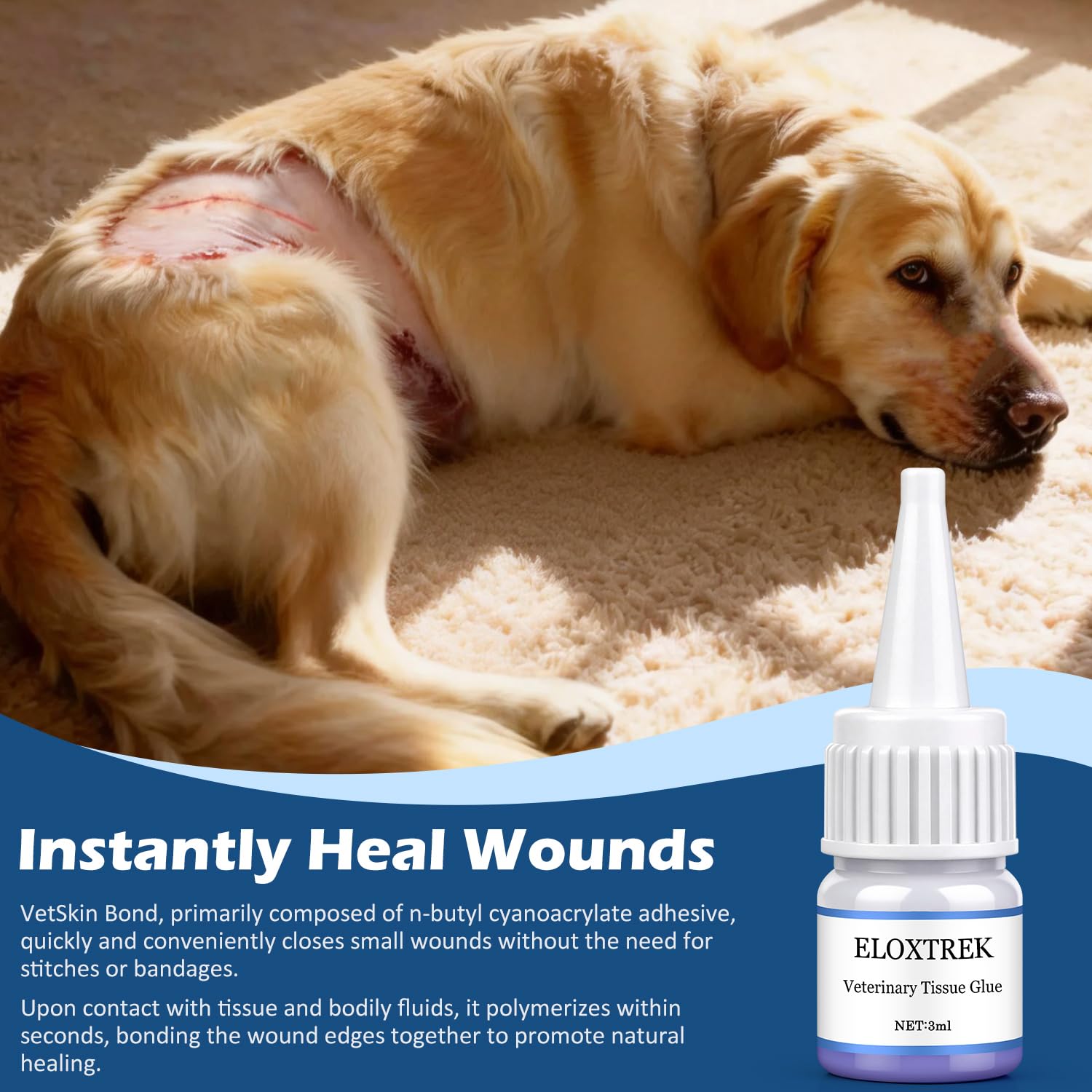 3ml Veterinary Surgical Skin Glue with 15 Precise Applicators, Strong Surgical Adhesive, Blue-Tinted Fast-Acting Tissue Wound Glue, Waterproof Wound Sealant for Multi-Pet Households — Amazon image 3