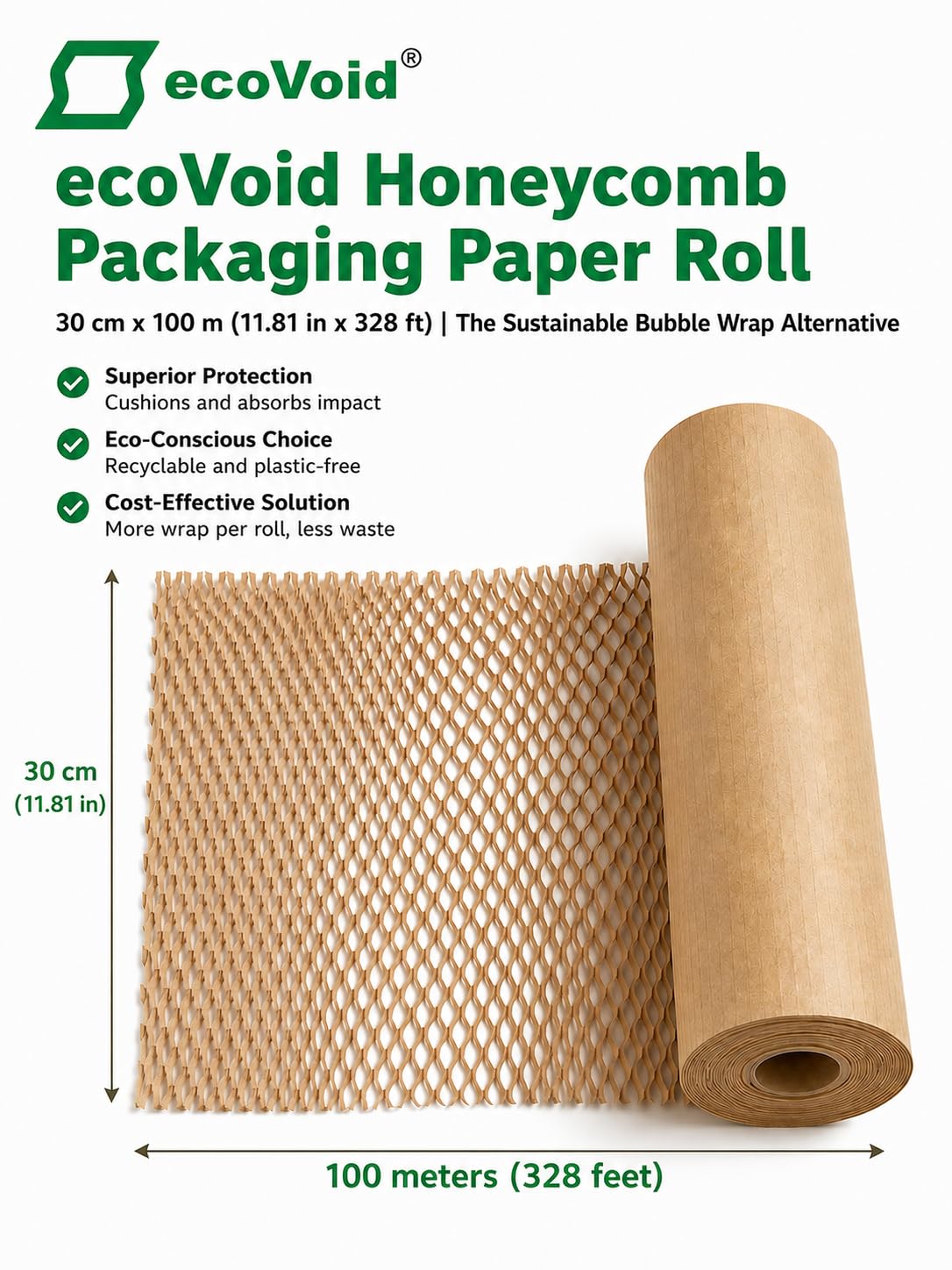 Rotolo di carta da imballaggio a nido d'ape, 100 m x 300 cm, per spedizioni, traslochi e rotture, alternativa al pluriball