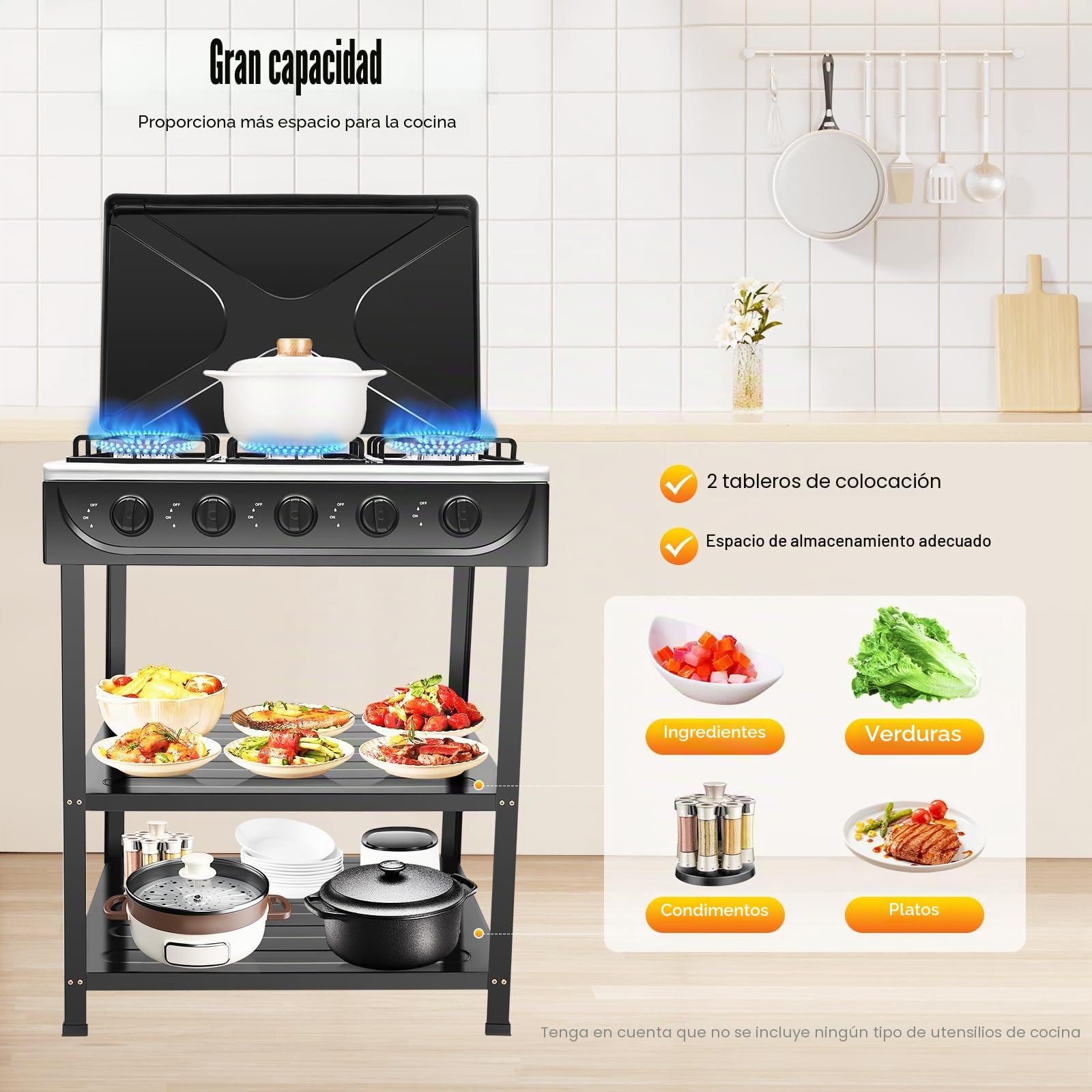 Cocina de gas natural con 5 fuegos para camping con 2 estantes, con 2 estantes, placa de gas, control independiente, para actividades al aire libre