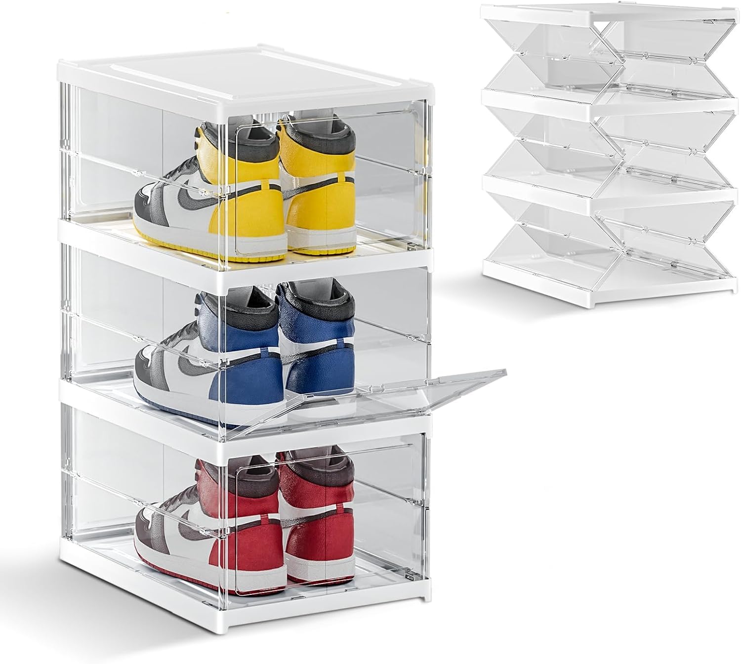Jorunb Shoe Storage Boxes, Shoe Storage Organzier, Foldable Shoes Boxes Clear Plastic Stackable, Shoes Organzier, Sturdy Shoe Box Storage Container, Foldable Shoe Rack Sneaker Container (3layer)