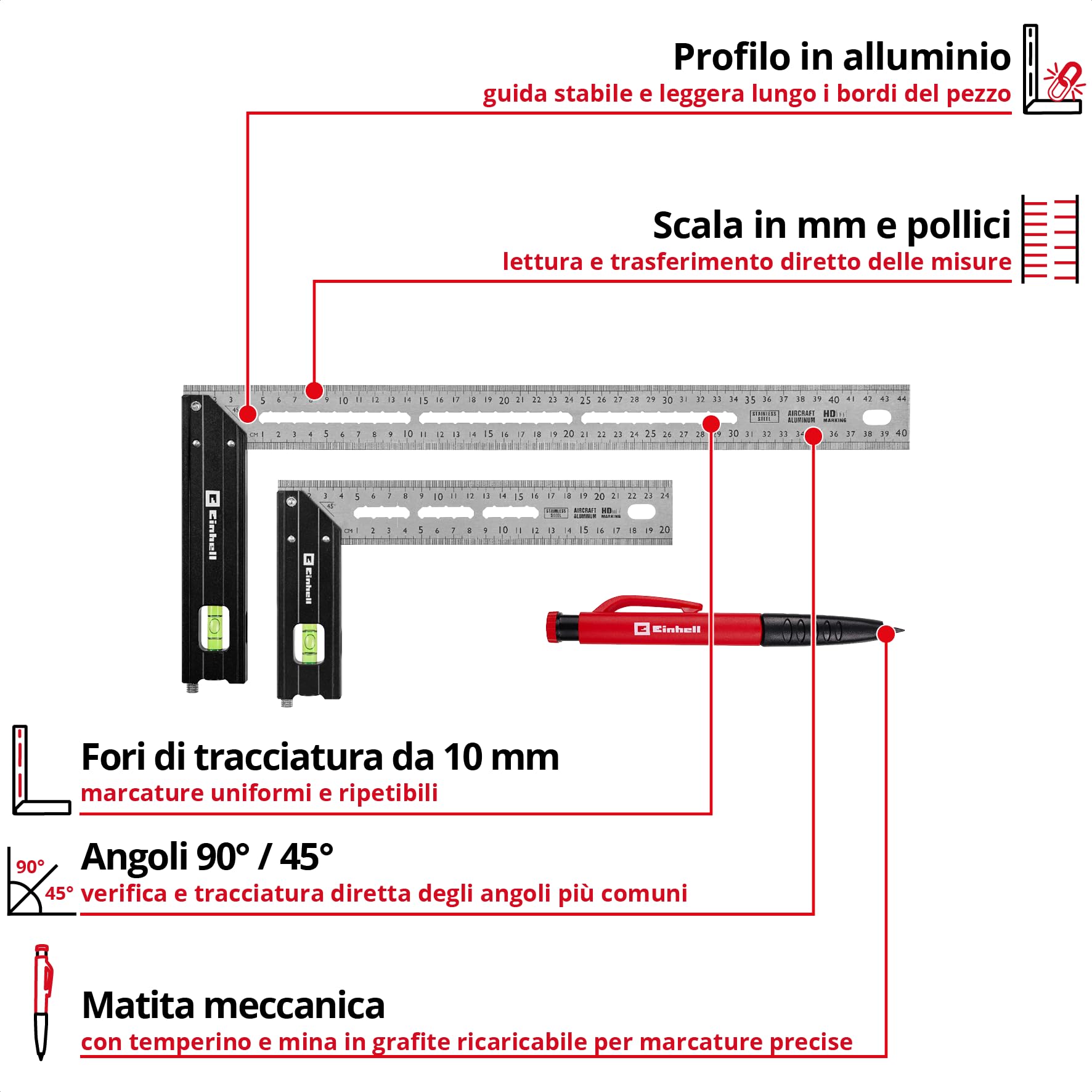 Einhell 2 pezzi set di squadre di battuta, 200/400 mm | Angoli 90° / 45° | scale mm / pollici | fiala | truschino | aperture tracciatura | profilo alluminio | matita meccanica