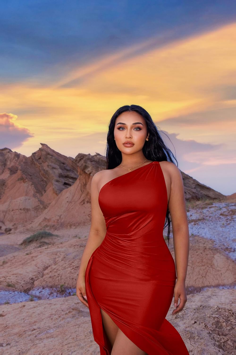 Memoriesea Women's Plus Size Satin Sexy One Shoulder High Split Cocktail Wedding Party Maxi Dress - Image 5