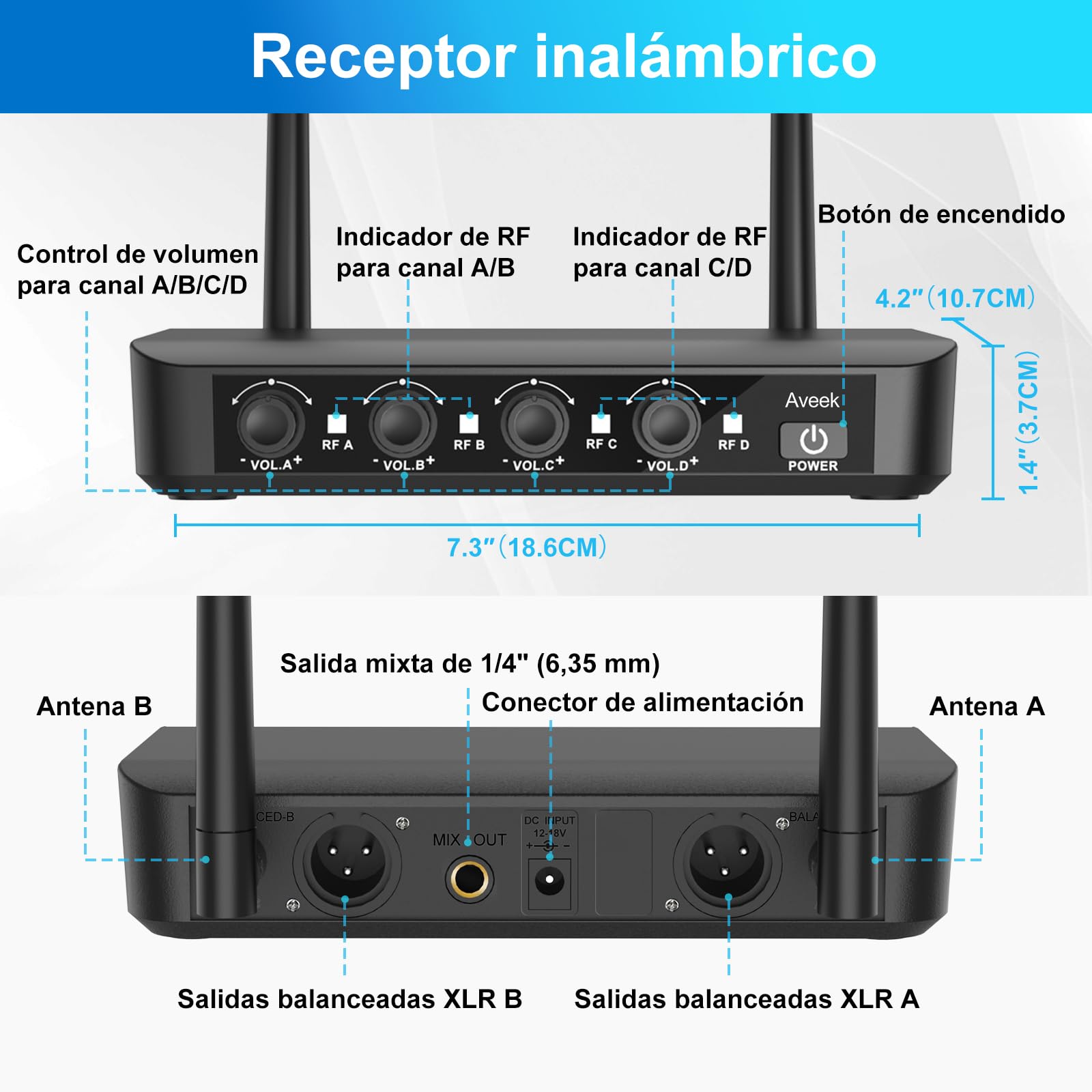 Aveek Sistema de Micrófono Inalámbrico con 4 Micrófonos de Mano Dinámicos, Alcance 80m, Batería 40 Horas, Sonido Estudio Baja Latencia para Karaoke, Canto, Discurso, Iglesia, Escenario, Boda, DJ