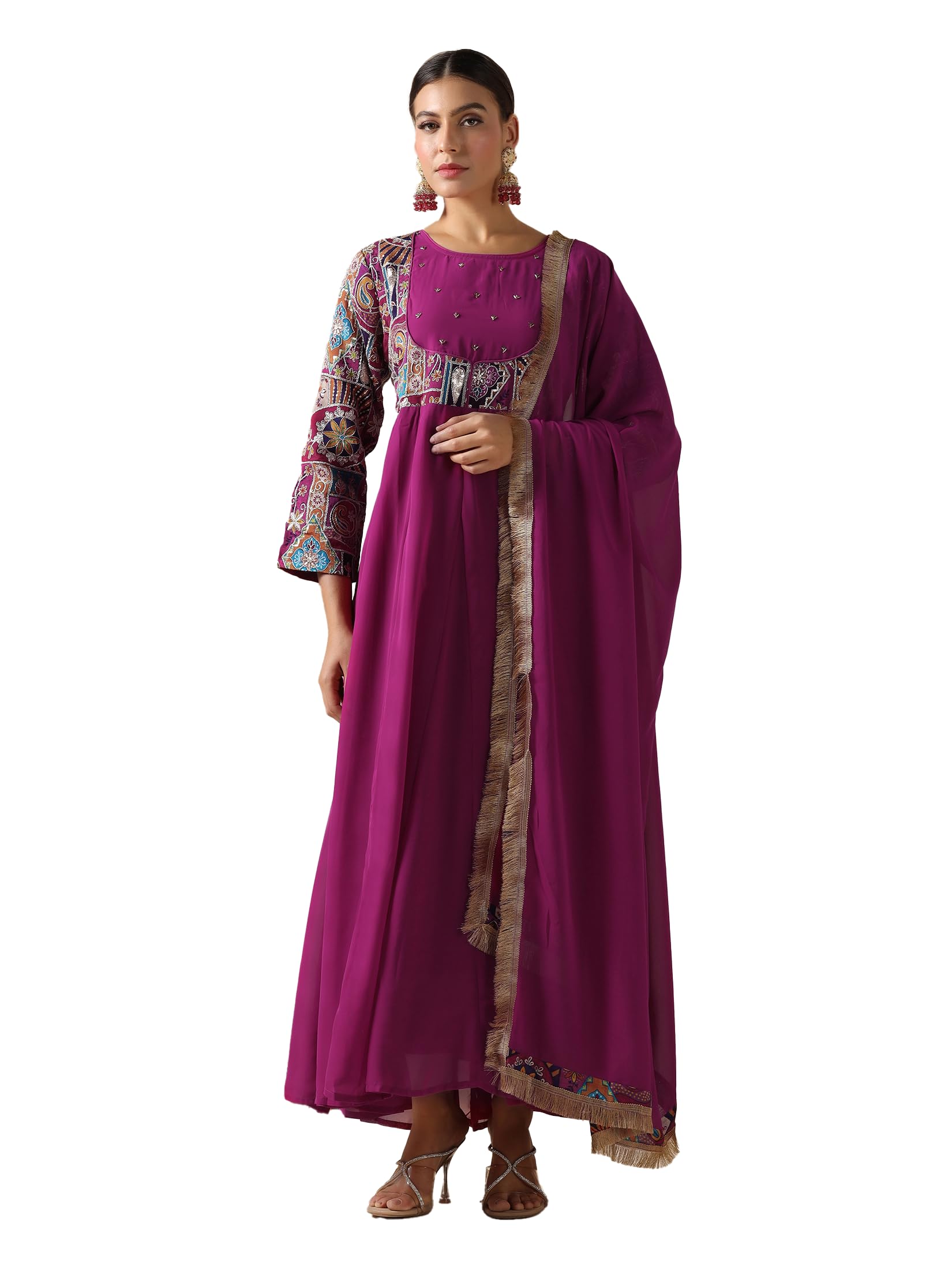 Shree Women Georgette Magenta Embroidered Dress with Dupatta-image-3