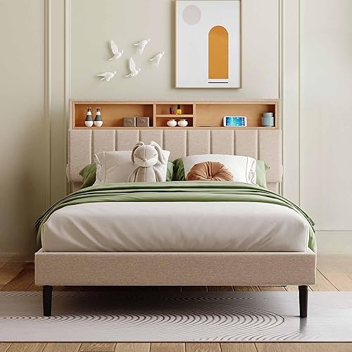Base de cama moderna con cabecera de almacenamiento y puerto USB, cámara de plataforma tapizada con estante, base de colchón resistente, sin ruido,
