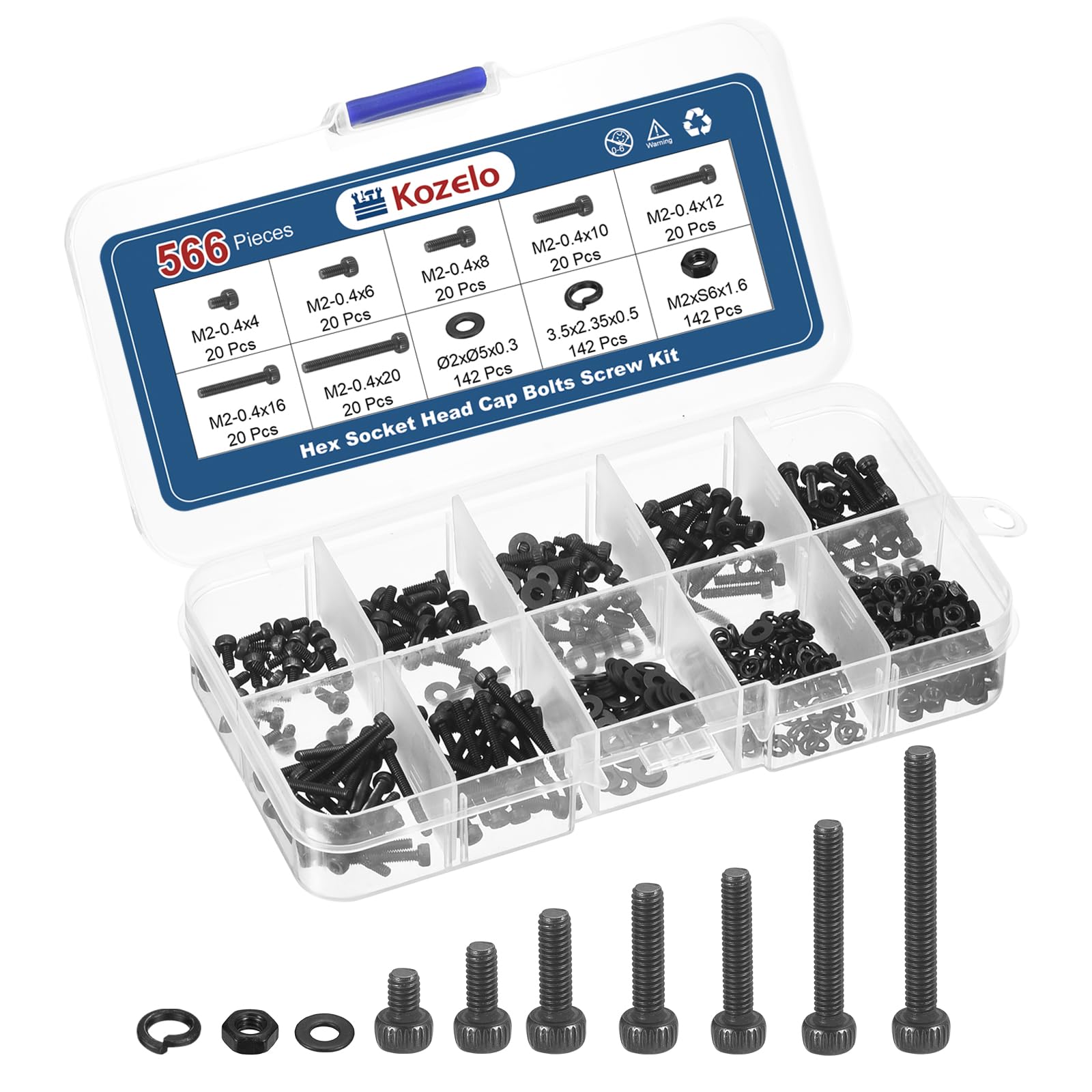 Kozelo 566pcs M2 Socket Head Cap Screws Bolts Nuts Assortment Kit - [M2x4/6/8/10/12/16/20mm] Alloy Steel Fully Threaded Black Oxide 12.9 Internal Hex Screw for 3D Printer Use