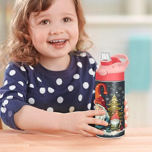 Miniatura 7 de Botella de agua de gnomo de Navidad para niños, botellas térmicas de metal reutilizables con aislamiento de acero inoxidable, tapa de popote a
