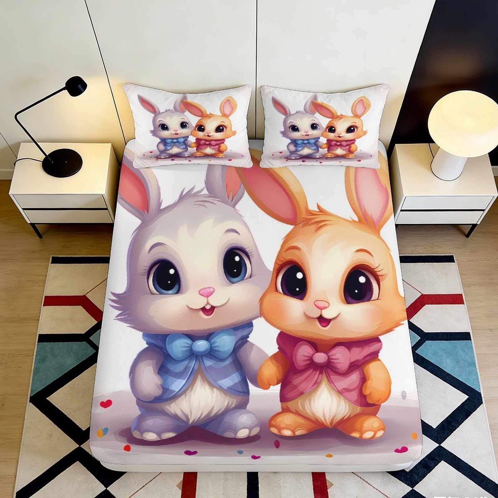 Jqzkxnhpbr Style-6 3D Printed Cute Bunny Couple Fitted Sheet Microfiber Soft Anti-Slip Cartoon Animal Bed Sheet For Bedroom Guest Room Decor 90X200x25cm