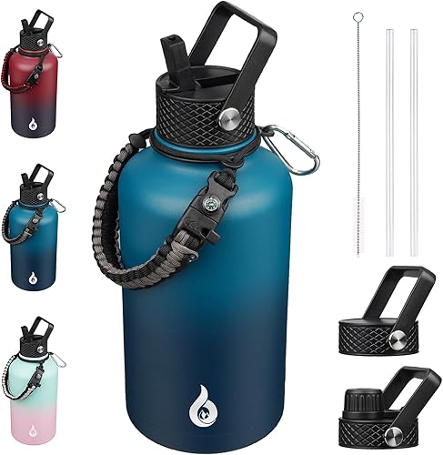 Miniatura 32 de BJPKPK Botella de agua de 1 galón aislada con tapa con pajita, 50oz, 64oz, 87oz, 128oz grande, botellas de agua de acero inoxidable con 3 tapas y