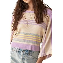 KevaMolly Womens Tshirts Tops Borderline Rib Knit Cuffed Dolman Sleeve Sweater Casual Striped Daily Tee