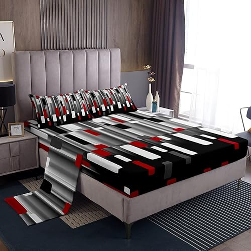 Juego de sábanas de rayas geométricas para niños, juego de sábanas cuadradas abstractas con bolsillo profundo, sábana bajera ajustable para mujeres disponible en Yaxa Peru