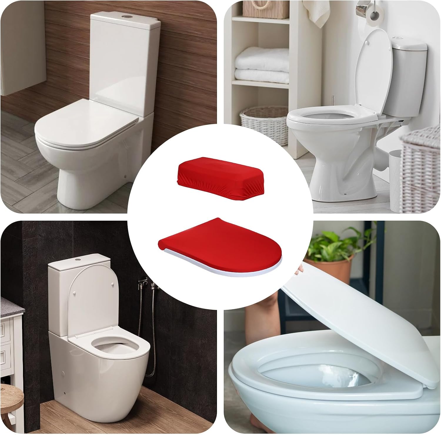 Toilet Lid Cover and Toilet Tank Cover,Elastic Edges, Soft Bathroom Covers for Standard Oblong Round Elongated Bath Room Bowl Lids, Washable (Red)
