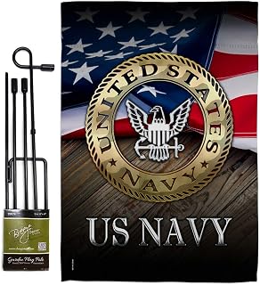 US Navy Garden Flag - Set with Stand Armed Forces USN Seabee United State American Military Veteran Retire Official - House Decoration Banner Small Yard Gift Double-Sided Made in USA 13 X 18.5