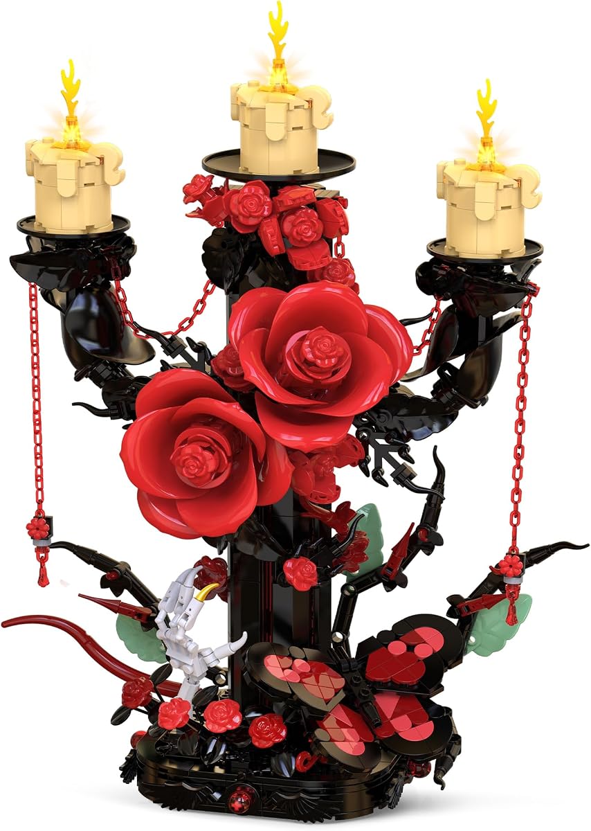 Gothic Rose Candelabra Building Blocks Set with LED Light and Skeleton Hand