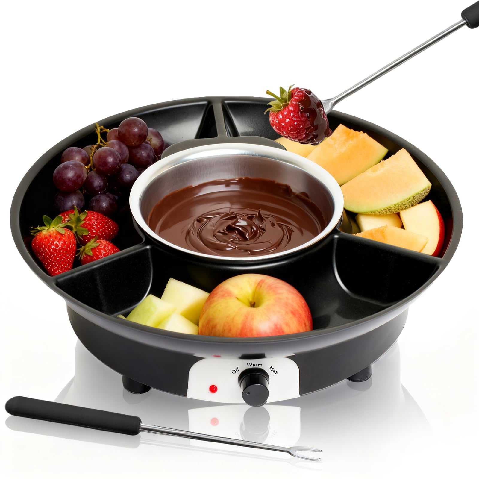 Elektrisches Schokofondue Set für Partys & Desserts mit 4 Gabeln, 2 Temperaturstufen zum Schmelzen/Warmhalten von Schokolade/Kuvertüre – Herausnehmbare Teflonbeschichtete Schüssel