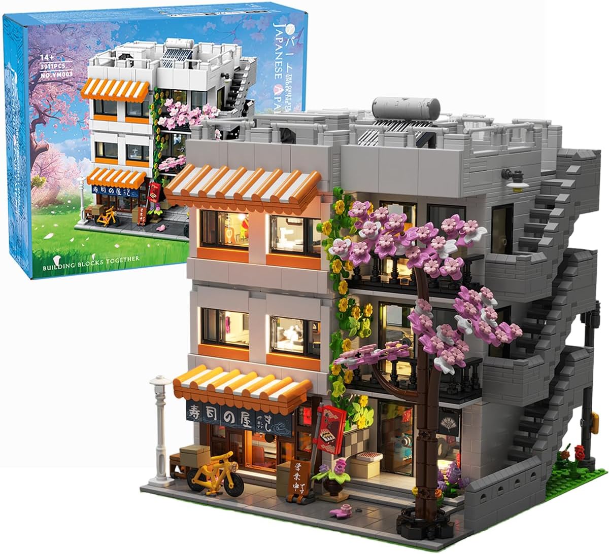 Japanese Apartment Building Street View Building Blocks Set - 3-Story Japan Cherry Blossom Architecture House with 5 Figures & LED Lights, Christmas Bithday Gift for Aduls（3910PCS）