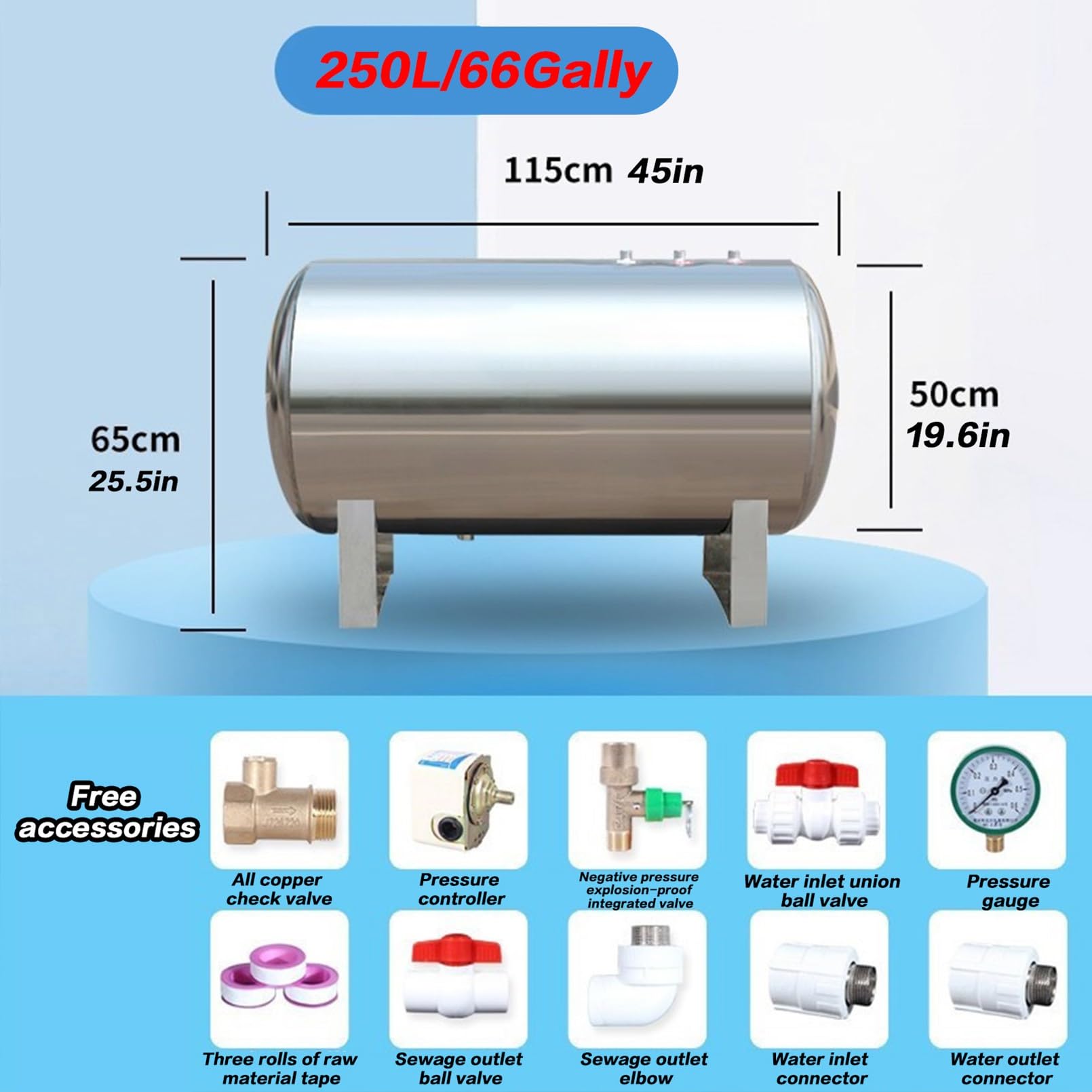 Tanque de agua a presión de acero inoxidable con kit de montaje para uso en RV y jardín