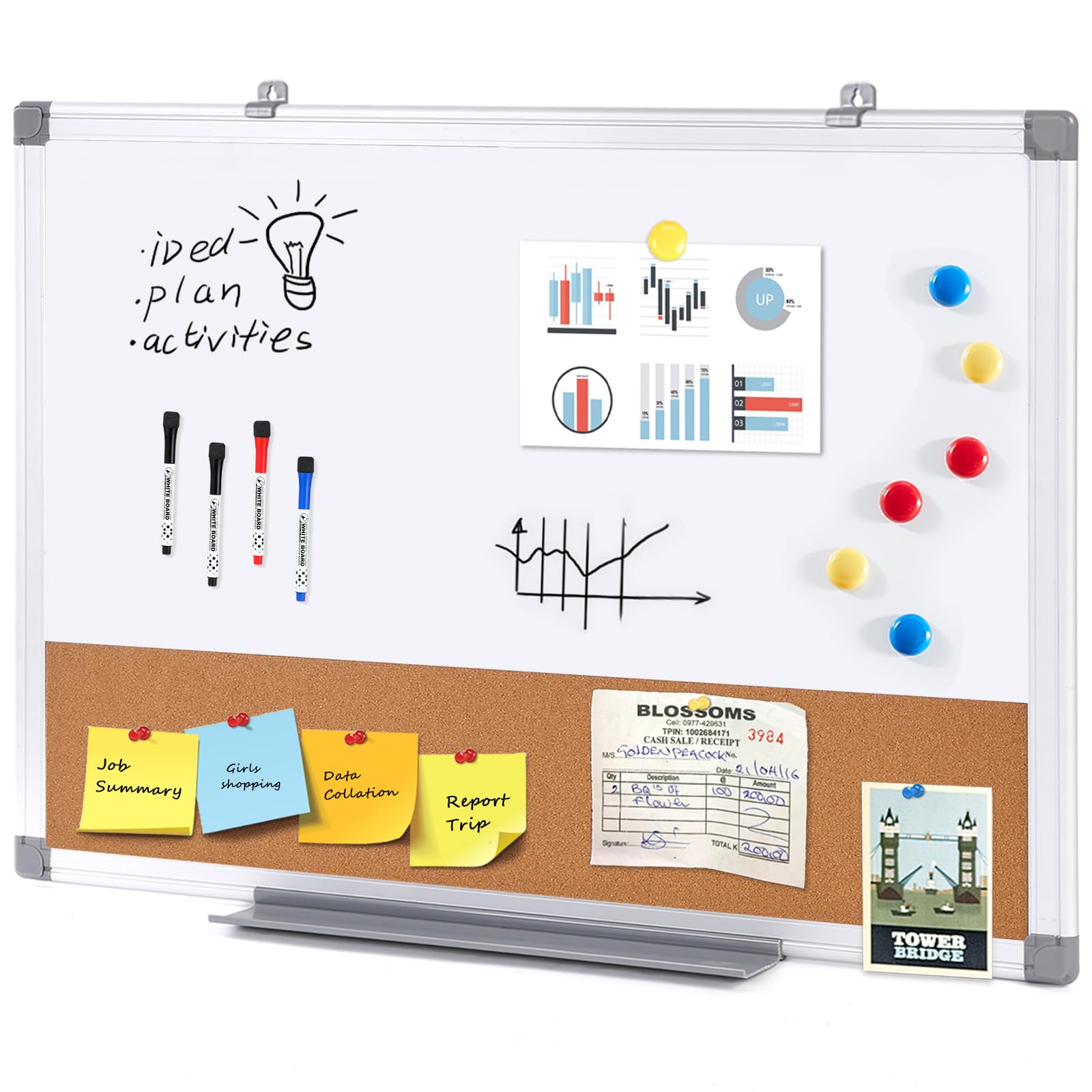 S SWANCROWN Dry Erase Board Cork Board Combo, Magnetic White Board and Bulletin Pin Board Combination,Hanging Wall Mounted Vision Board for Home,