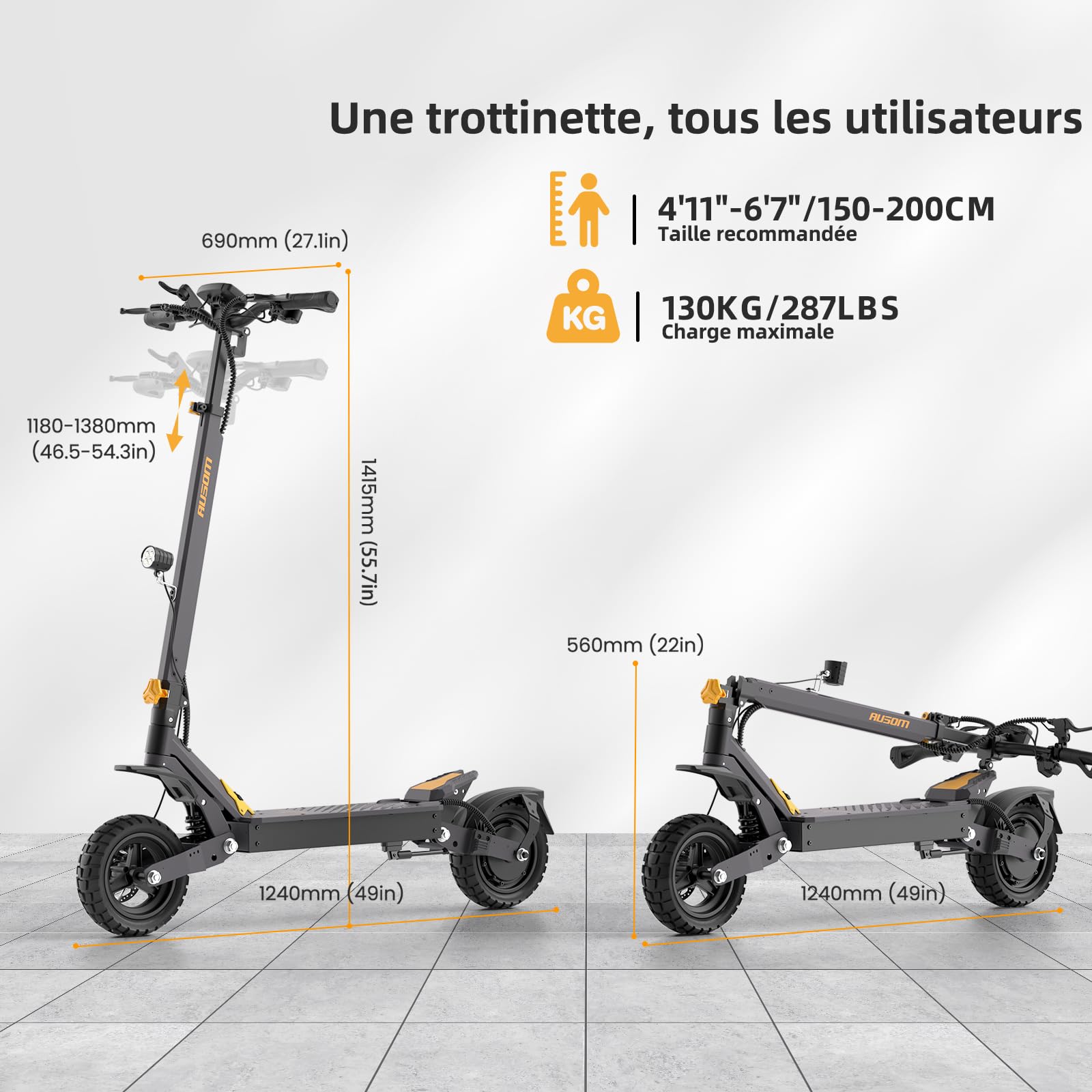 Trottinette électrique Ausom L1, Batterie 48V 15.6Ah, Moteur Puissant 800W, Trottinette électrique Pliable pour Adulte