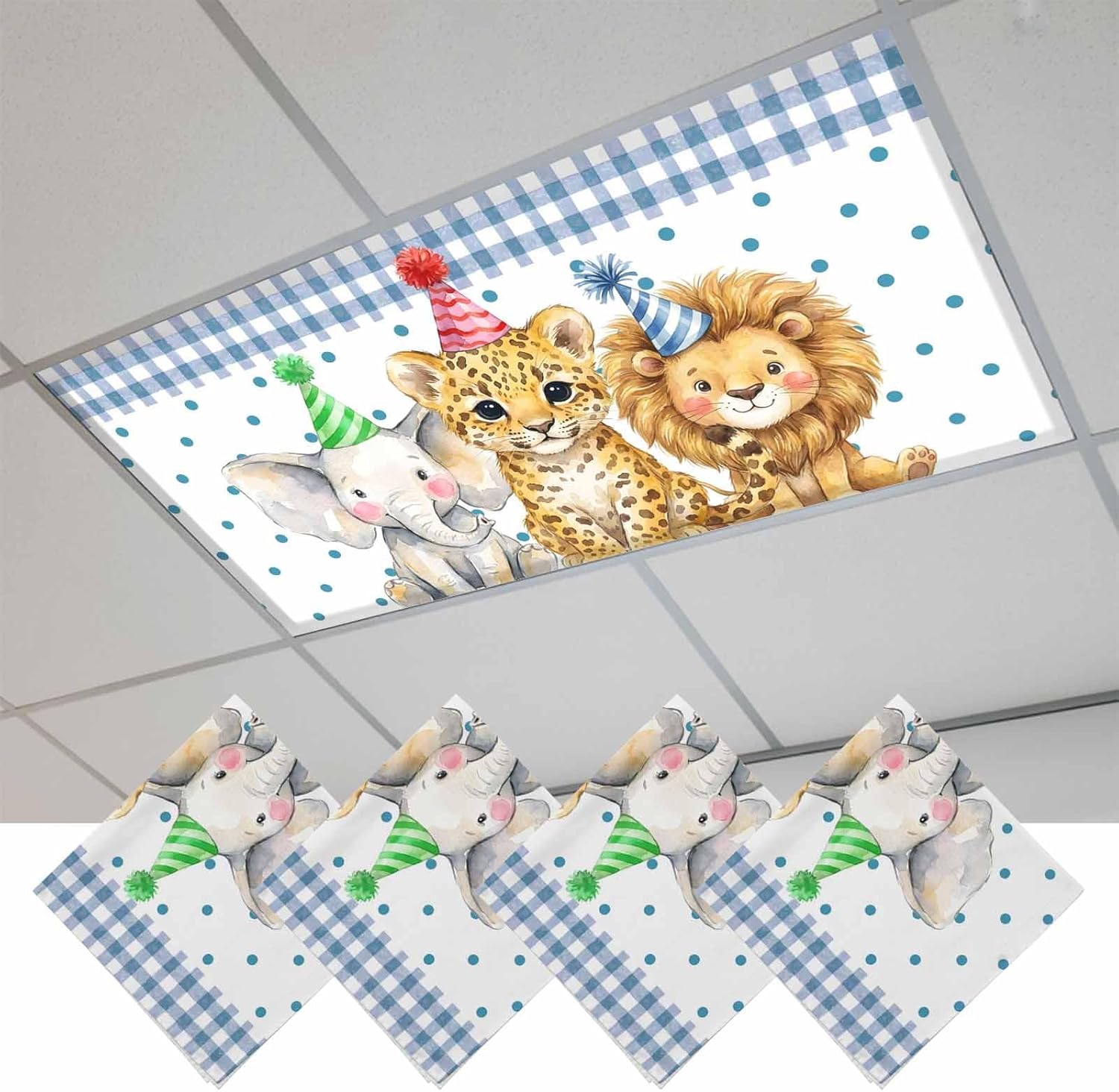 Tropical Animals Fluorescent Light Covers for Ceiling Lights 4x2 feet,4 Pack Magnetic Light Filters for Classroom,Summer Leopard Elephant Lion Dots Plaid Fluorescent Lamp Shade Panel for Office School