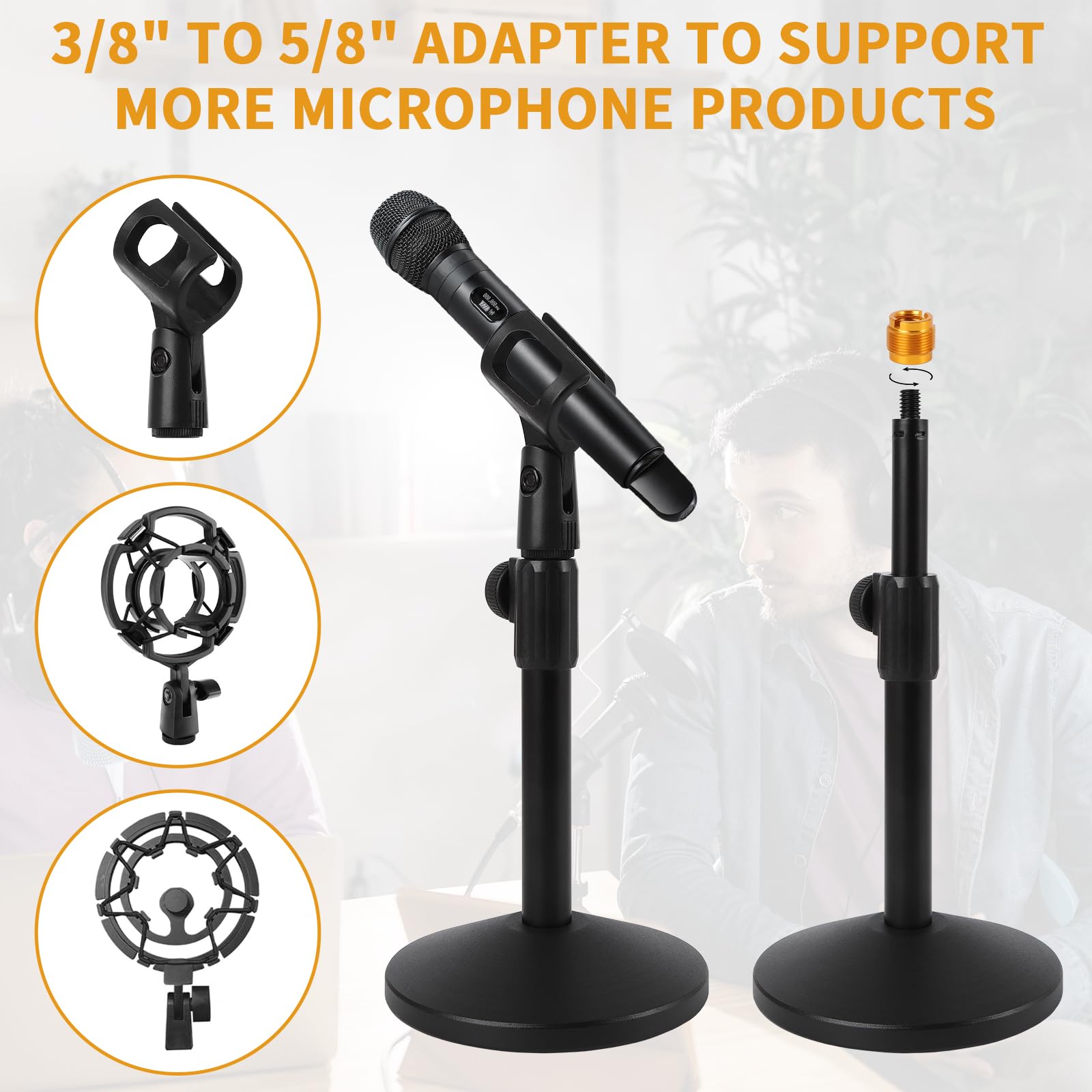 2 juegos de soportes ajustables para micrófono de escritorio, soporte de micrófono de mesa con tornillo macho de 5/8 pulgadas a hembra de 3/8 pulgadas, base redonda de metal para entrevistas de