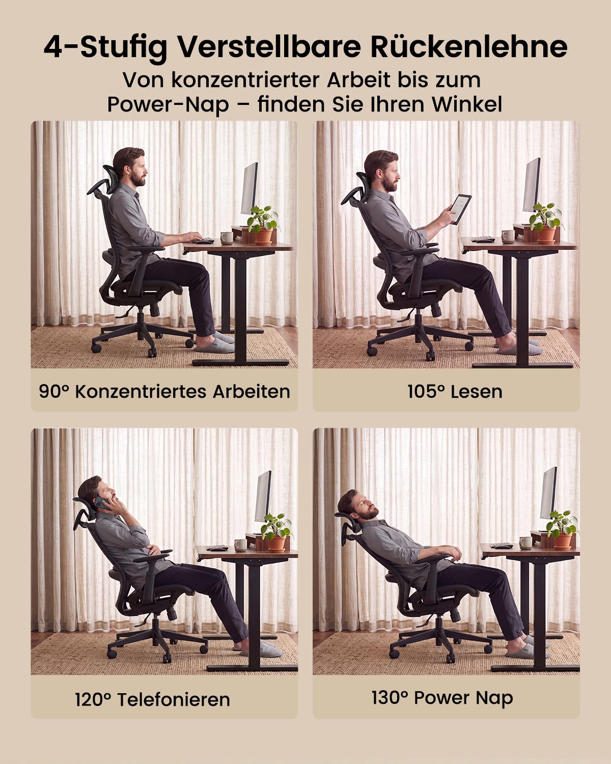 ProtoArc EC200 Pro Ergonomisch Netz-Bürostuhl mit Verstellbarer Sitztiefe | Schreibtischstuhl mit 4D-Armlehnen, Lendenwirbelstütze Höhen- und Tiefenverstellbarer, 3D-Kopfstütze für Homeoffice, Schwarz