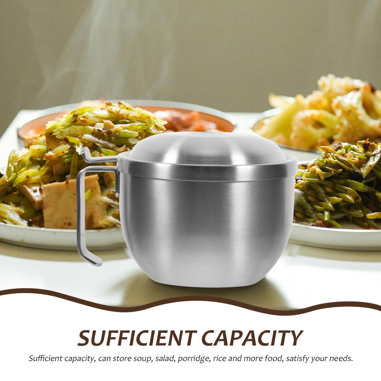 Tazón de Comida de Acero Inoxidable Tapa y Asa, Capacidad 1200ml, Cuenco Portátil Anti-escaldaduras Adecuado para Sopa y Fideos