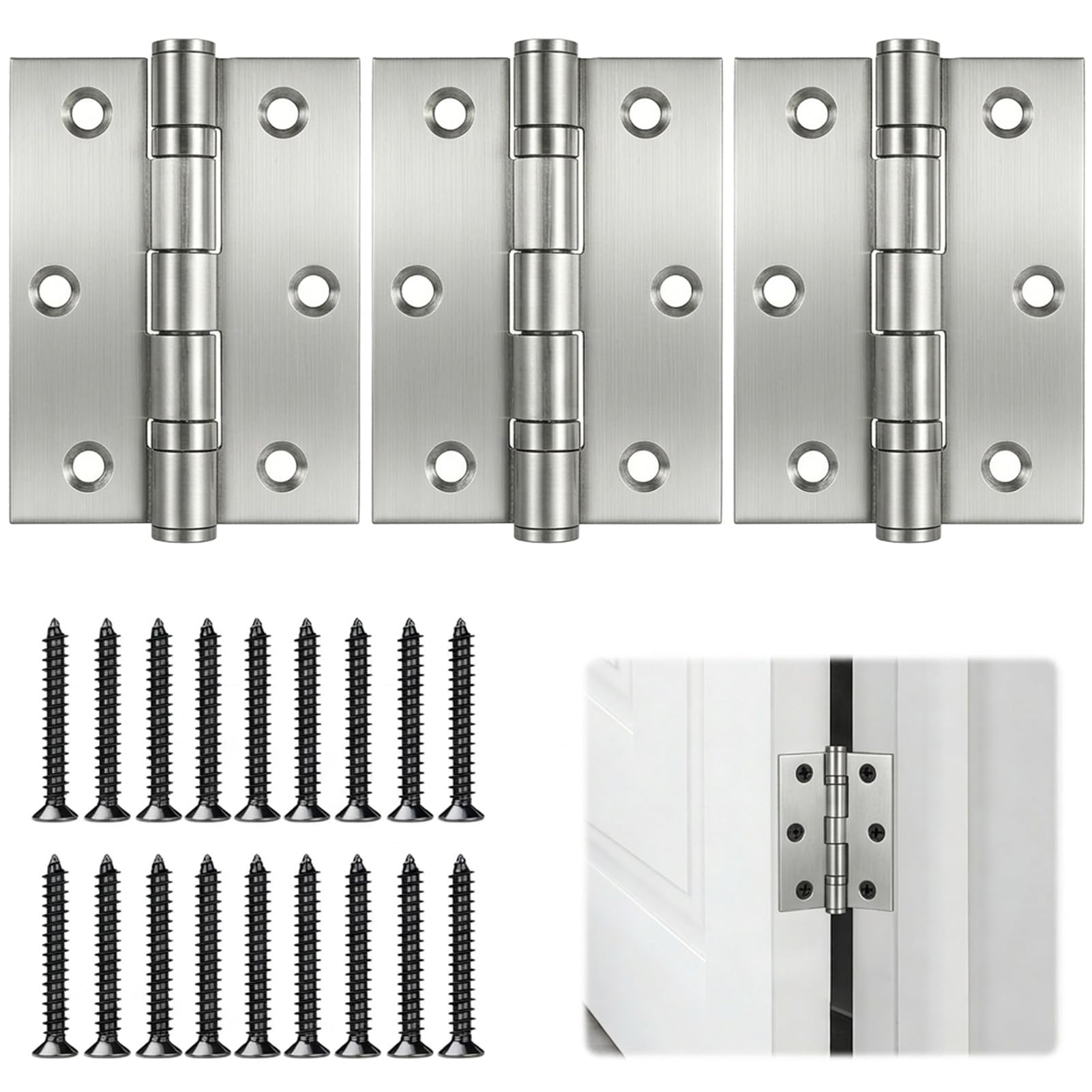 3 Pcs Door Hinges 3 inch/ 75 mm Polished Chrome Ball Bearing Hinge Stainless Steel Hinges with 18 Pcs Screws for Wooden Doors Fire Doors Internal Door Gate Closet, 75 x 50 x 2.0mm, Silver