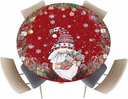 Miniatura 2 de Mantel redondo ajustable de Navidad con borde elástico, mantel redondo de gnomo de Navidad con borde elástico, mantel impermeable con cono de pino y