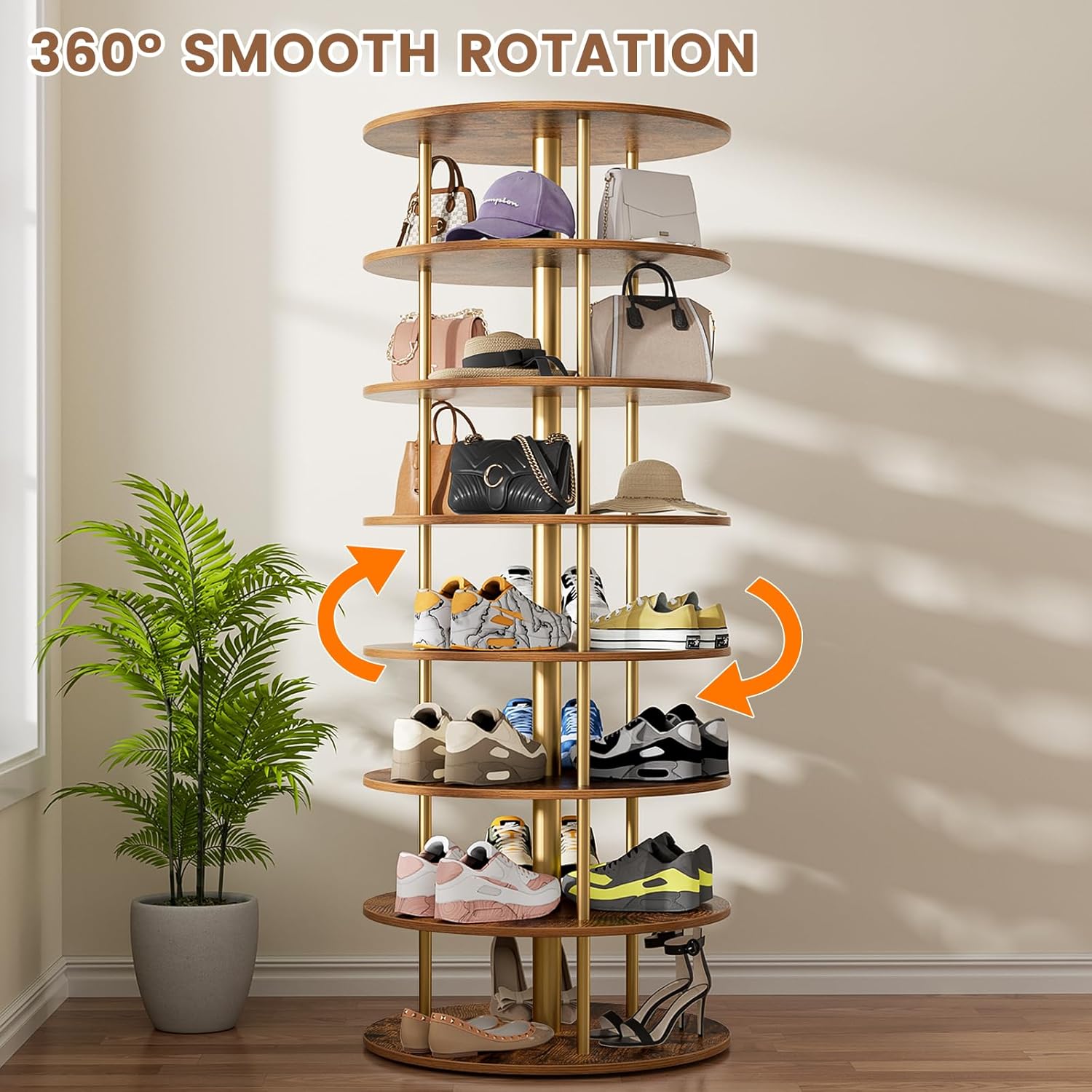 Close-up of the 7-Tier Rotating Shoe Rack Tower showing a hand spinning one of the shelves, with orange arrows indicating 360-degree rotation.