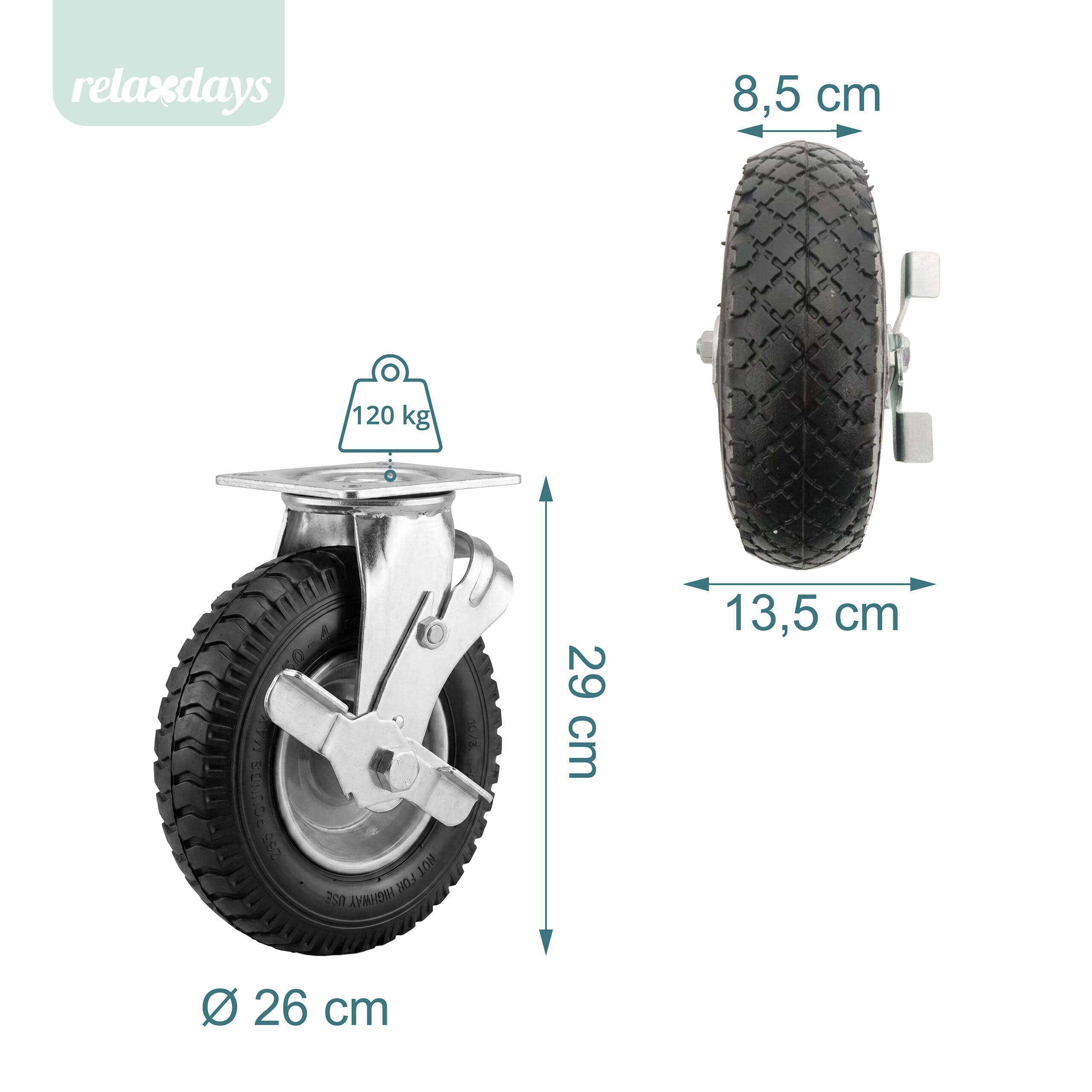 Relaxdays Lenkrolle mit Bremse, 3.00-4, 120 kg, luftbereift, schwarz/silber | Gummi, Stahl, Schwertlastrolle, Luftreifen