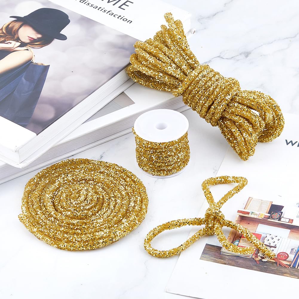 SUPERFINDINGS 1PC 10.94Yards Rhinestone Tube Cord Rope Glitter Sequins Rope PVC Gold Rhinestone Rope Tube Cord for Wedding Dress Costume Applique Jewelry Accessory DIY Bags Crafts