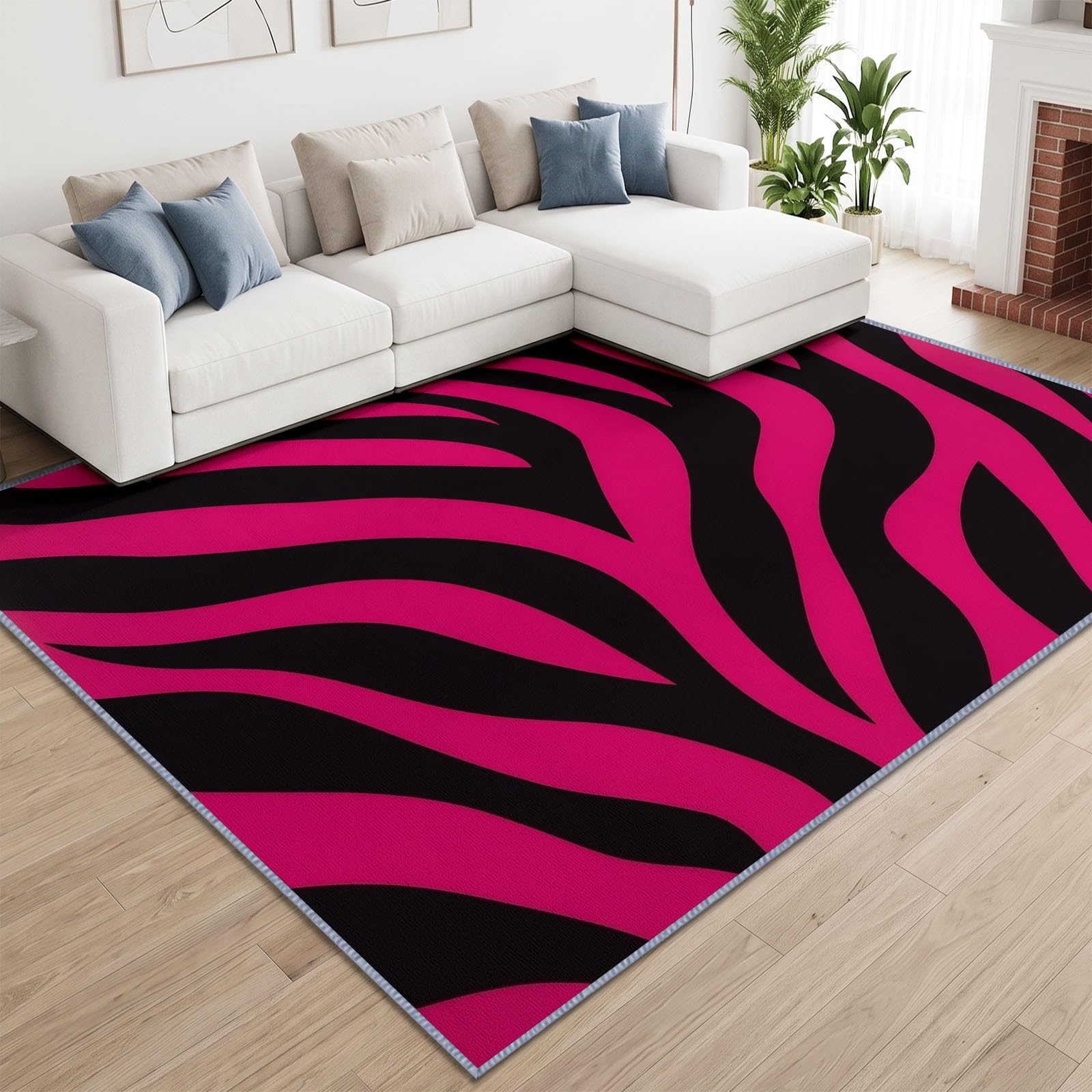 Tapis de Salon Imprimé Animal 120 x 170 cm, Texture Zèbre Rose Noir Tapis Poils Courts Lavable Moderne, Décoratif Antidérapant et Doux pour Salon Chambre et Bureau